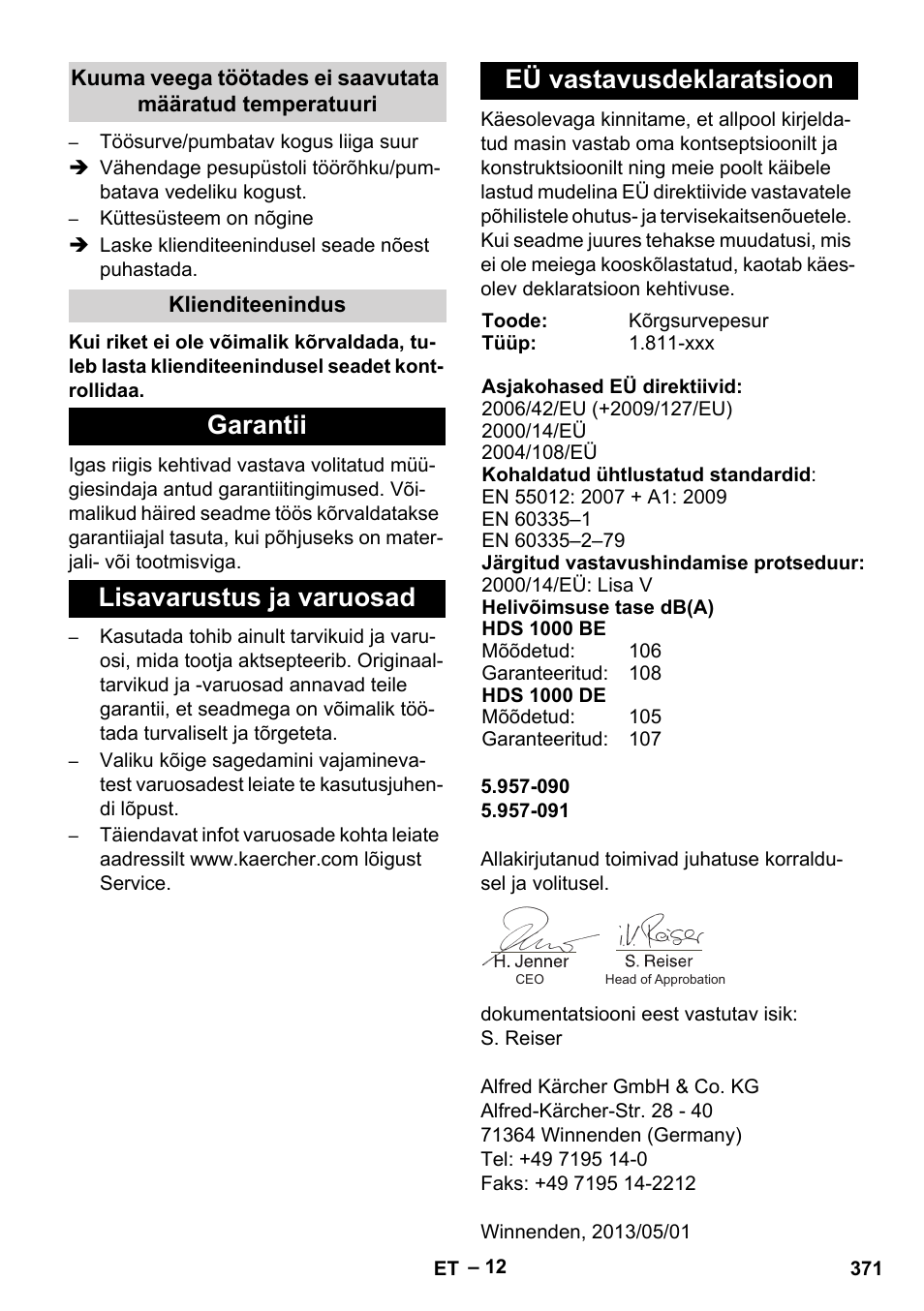 Klienditeenindus, Garantii, Lisavarustus ja varuosad | Eü vastavusdeklaratsioon | Karcher HDS 1000 Be User Manual | Page 371 / 436