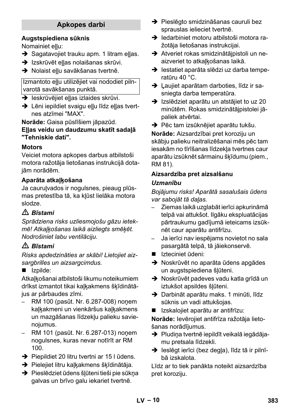 Apkopes darbi, Augstspiediena sūknis, Motors | Aparāta atkaļķošana, Aizsardzība pret aizsalšanu | Karcher HDS 1000 Be User Manual | Page 383 / 436
