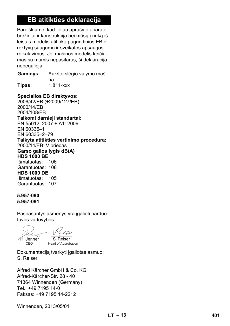 Eb atitikties deklaracija | Karcher HDS 1000 Be User Manual | Page 401 / 436
