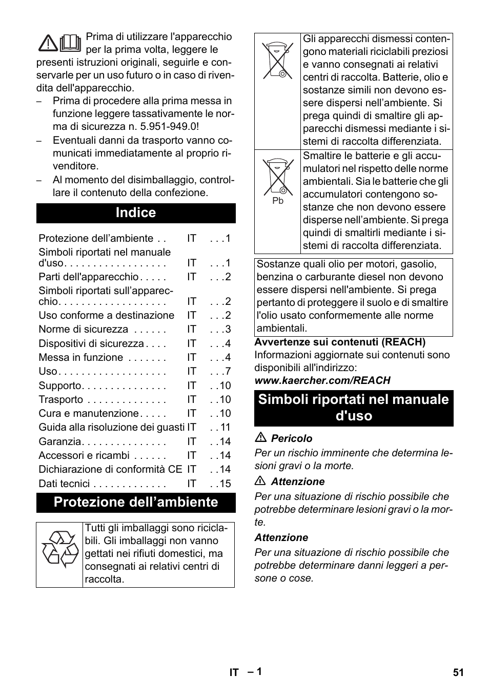 Italiano, Indice, Protezione dell’ambiente | Simboli riportati nel manuale d'uso | Karcher HDS 1000 Be User Manual | Page 51 / 436