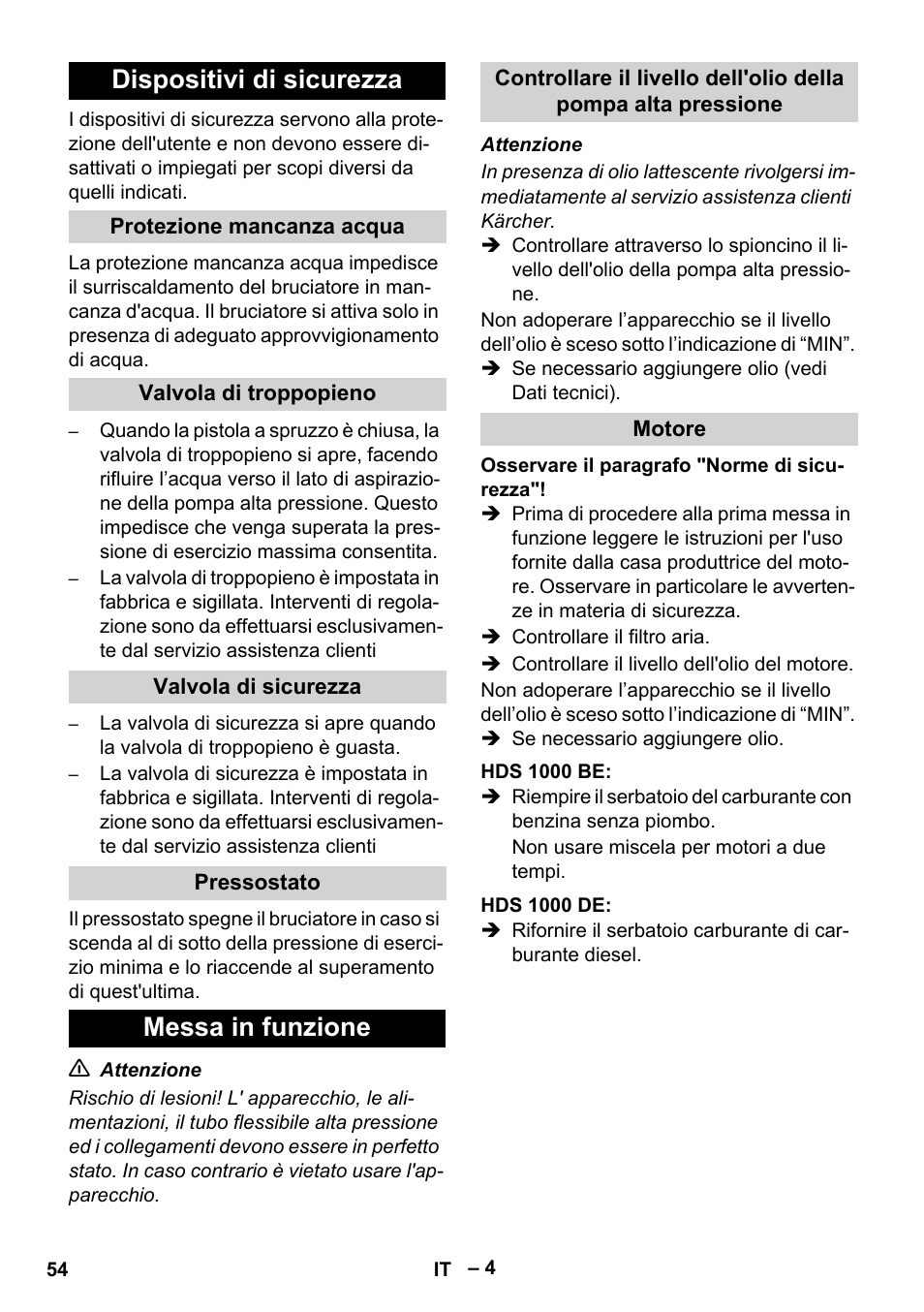 Dispositivi di sicurezza, Protezione mancanza acqua, Valvola di troppopieno | Valvola di sicurezza, Pressostato, Messa in funzione, Motore, Hds 1000 be, Hds 1000 de | Karcher HDS 1000 Be User Manual | Page 54 / 436