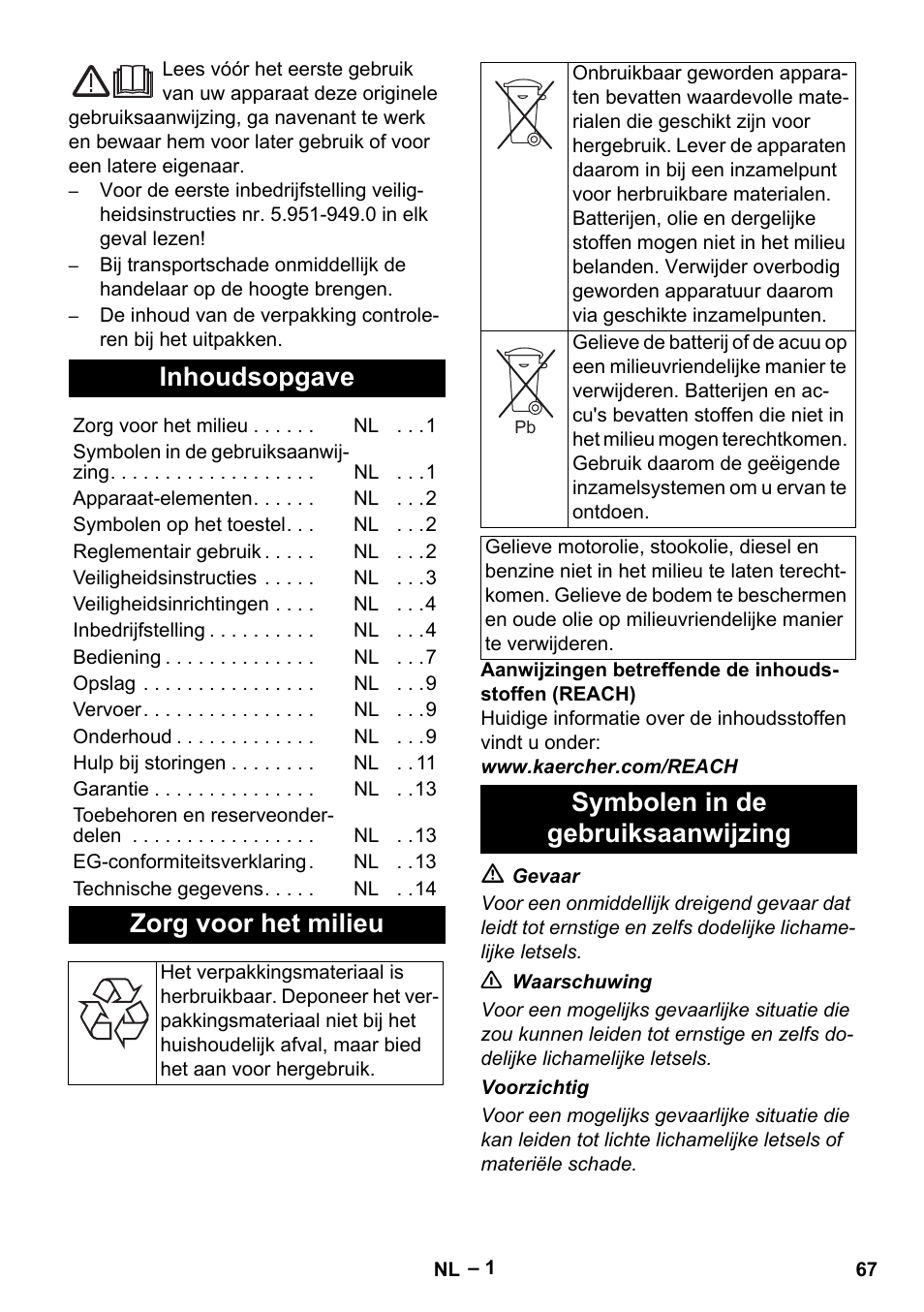 Nederlands, Inhoudsopgave, Zorg voor het milieu | Symbolen in de gebruiksaanwijzing | Karcher HDS 1000 Be User Manual | Page 67 / 436