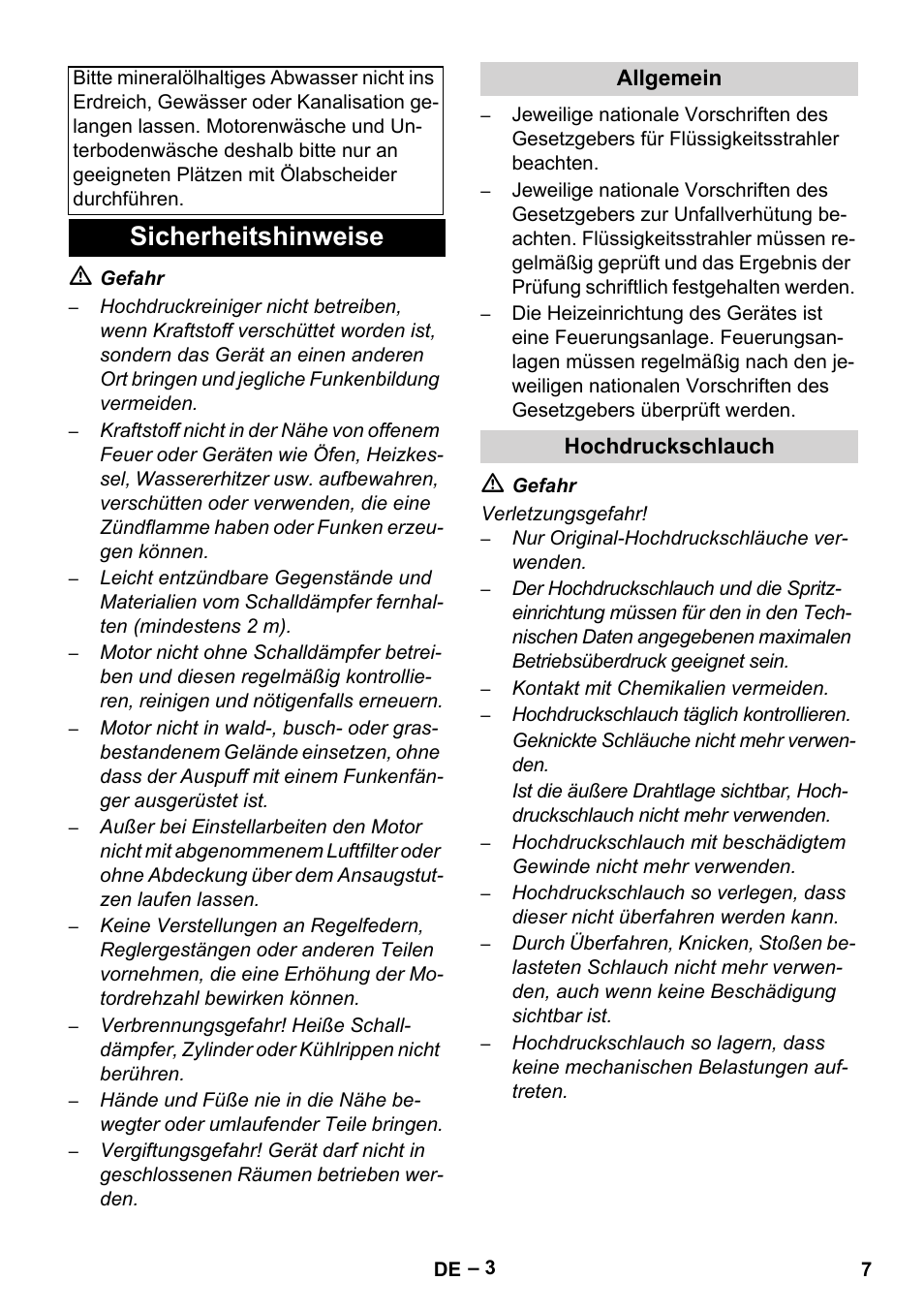 Sicherheitshinweise, Allgemein, Hochdruckschlauch | Karcher HDS 1000 Be User Manual | Page 7 / 436