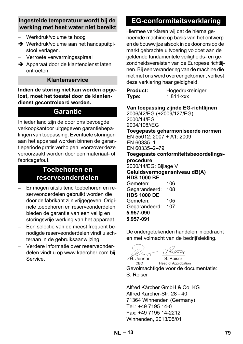 Klantenservice, Garantie, Toebehoren en reserveonderdelen | Eg-conformiteitsverklaring | Karcher HDS 1000 Be User Manual | Page 79 / 436