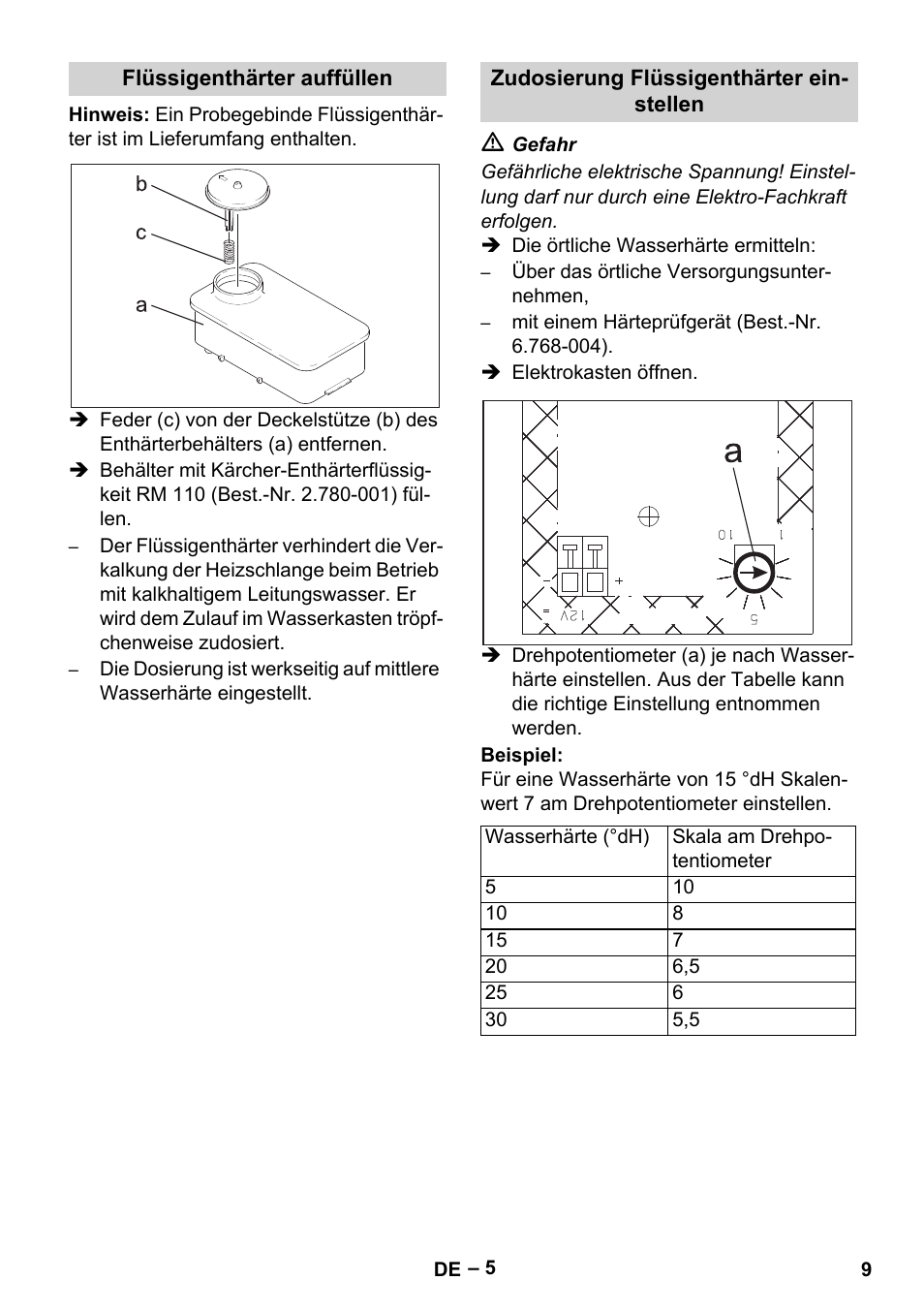 Flüssigenthärter auffüllen, Zudosierung flüssigenthärter einstellen | Karcher HDS 1000 Be User Manual | Page 9 / 436