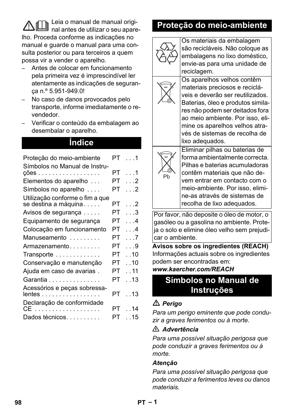 Português, Índice, Proteção do meio-ambiente | Símbolos no manual de instruções | Karcher HDS 1000 Be User Manual | Page 98 / 436