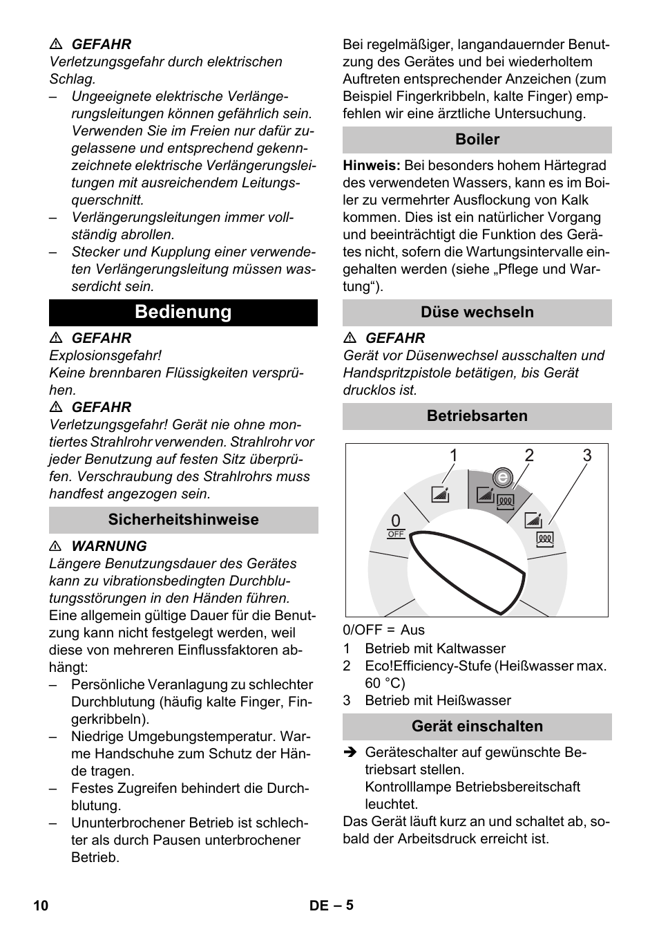 Bedienung, Sicherheitshinweise, Boiler | Düse wechseln, Betriebsarten, Gerät einschalten | Karcher HDS-E 8-16-4 M 36 KW User Manual | Page 10 / 344