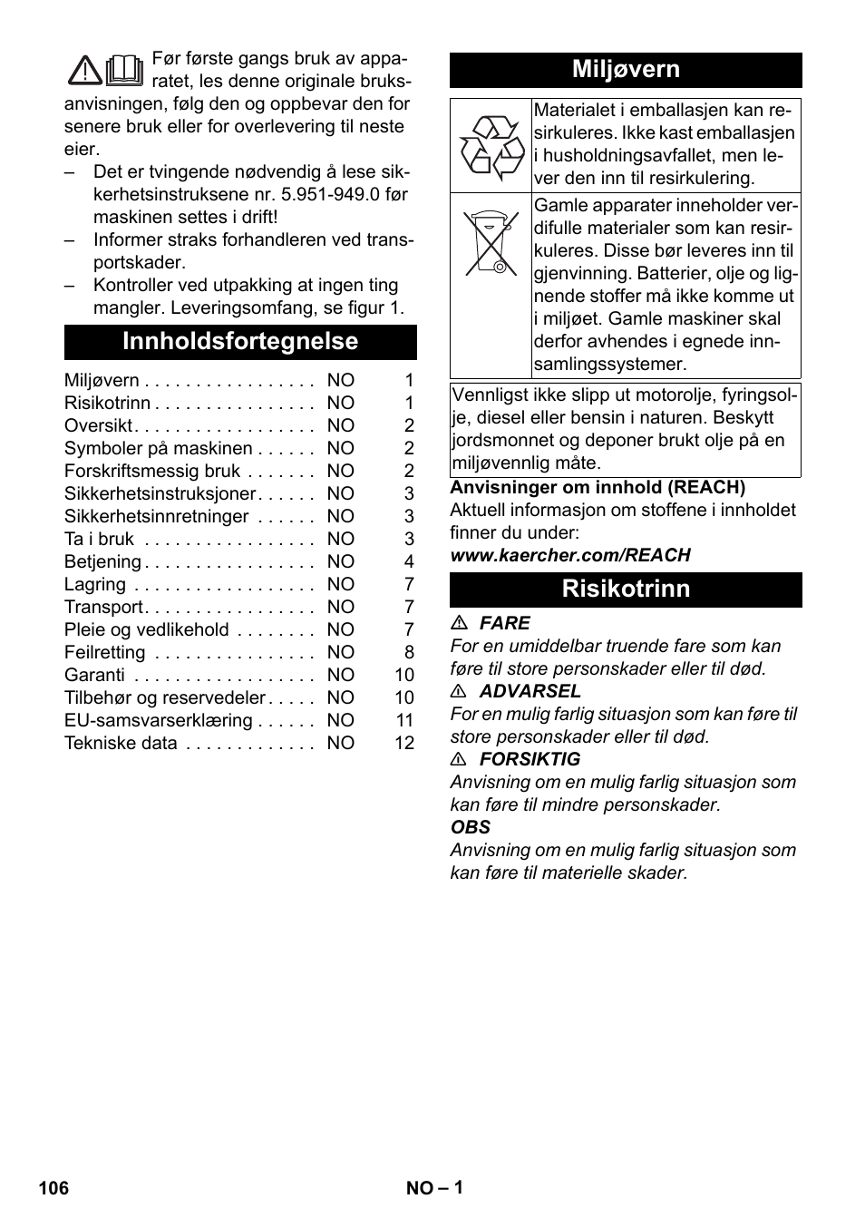 Norsk, Innholdsfortegnelse, Miljøvern | Risikotrinn | Karcher HDS-E 8-16-4 M 36 KW User Manual | Page 106 / 344