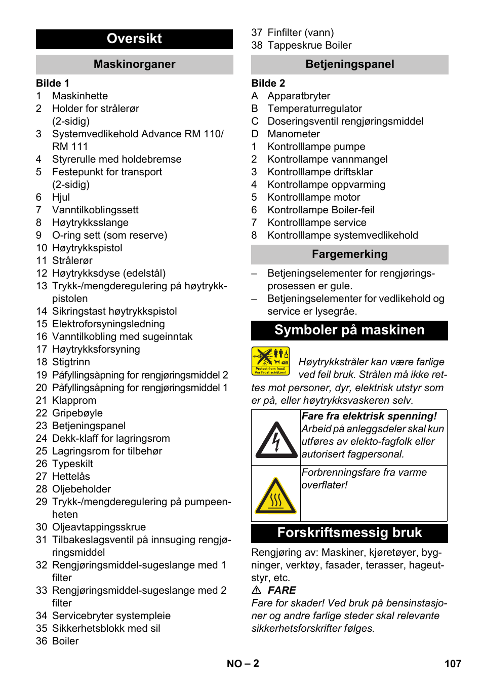 Oversikt, Maskinorganer, Betjeningspanel | Fargemerking, Symboler på maskinen, Forskriftsmessig bruk | Karcher HDS-E 8-16-4 M 36 KW User Manual | Page 107 / 344