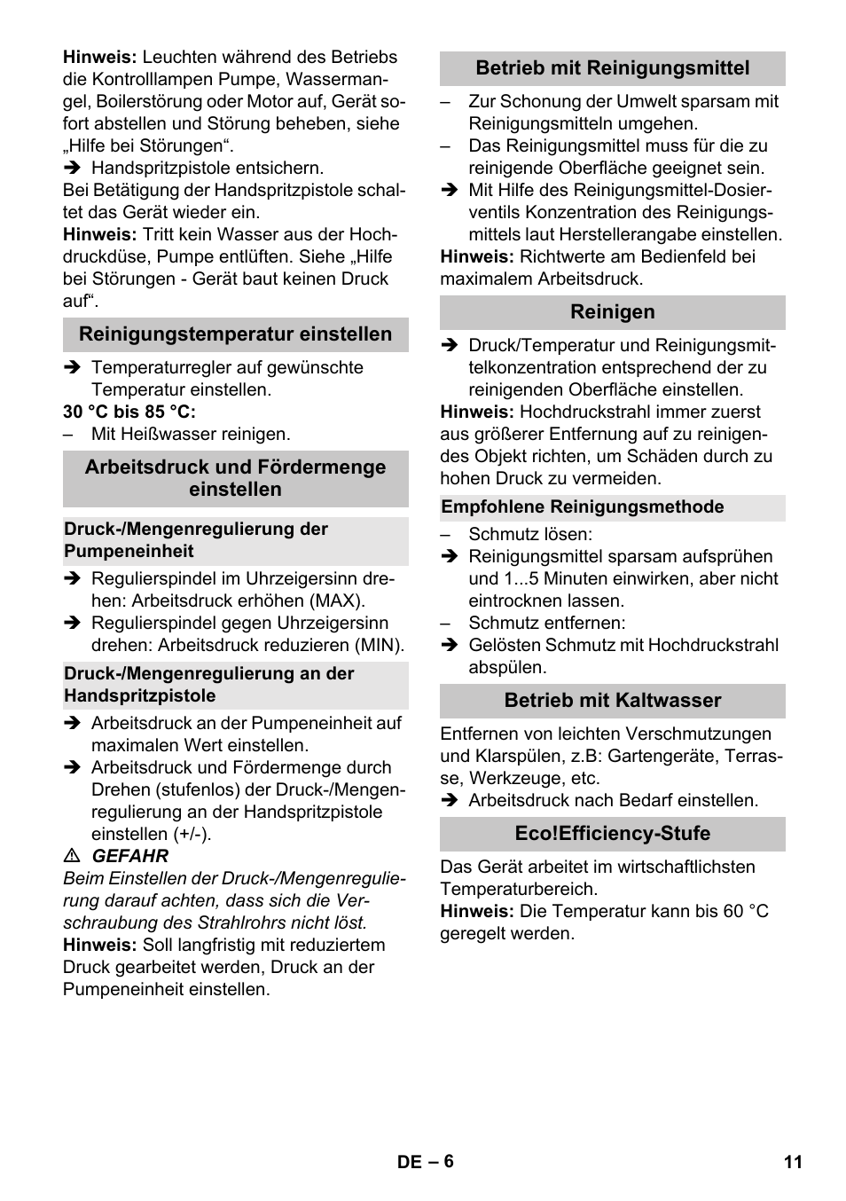 Reinigungstemperatur einstellen, Arbeitsdruck und fördermenge einstellen, Druck-/mengenregulierung der pumpeneinheit | Druck-/mengenregulierung an der handspritzpistole, Betrieb mit reinigungsmittel, Reinigen, Empfohlene reinigungsmethode, Betrieb mit kaltwasser, Eco!efficiency-stufe | Karcher HDS-E 8-16-4 M 36 KW User Manual | Page 11 / 344