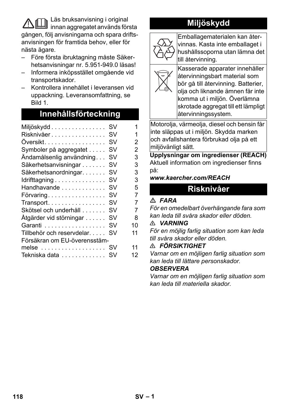 Svenska, Innehållsförteckning, Miljöskydd | Risknivåer | Karcher HDS-E 8-16-4 M 36 KW User Manual | Page 118 / 344