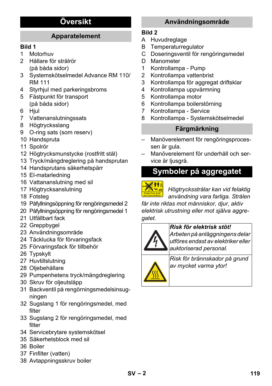 Översikt, Apparatelement, Användningsområde | Färgmärkning, Symboler på aggregatet | Karcher HDS-E 8-16-4 M 36 KW User Manual | Page 119 / 344