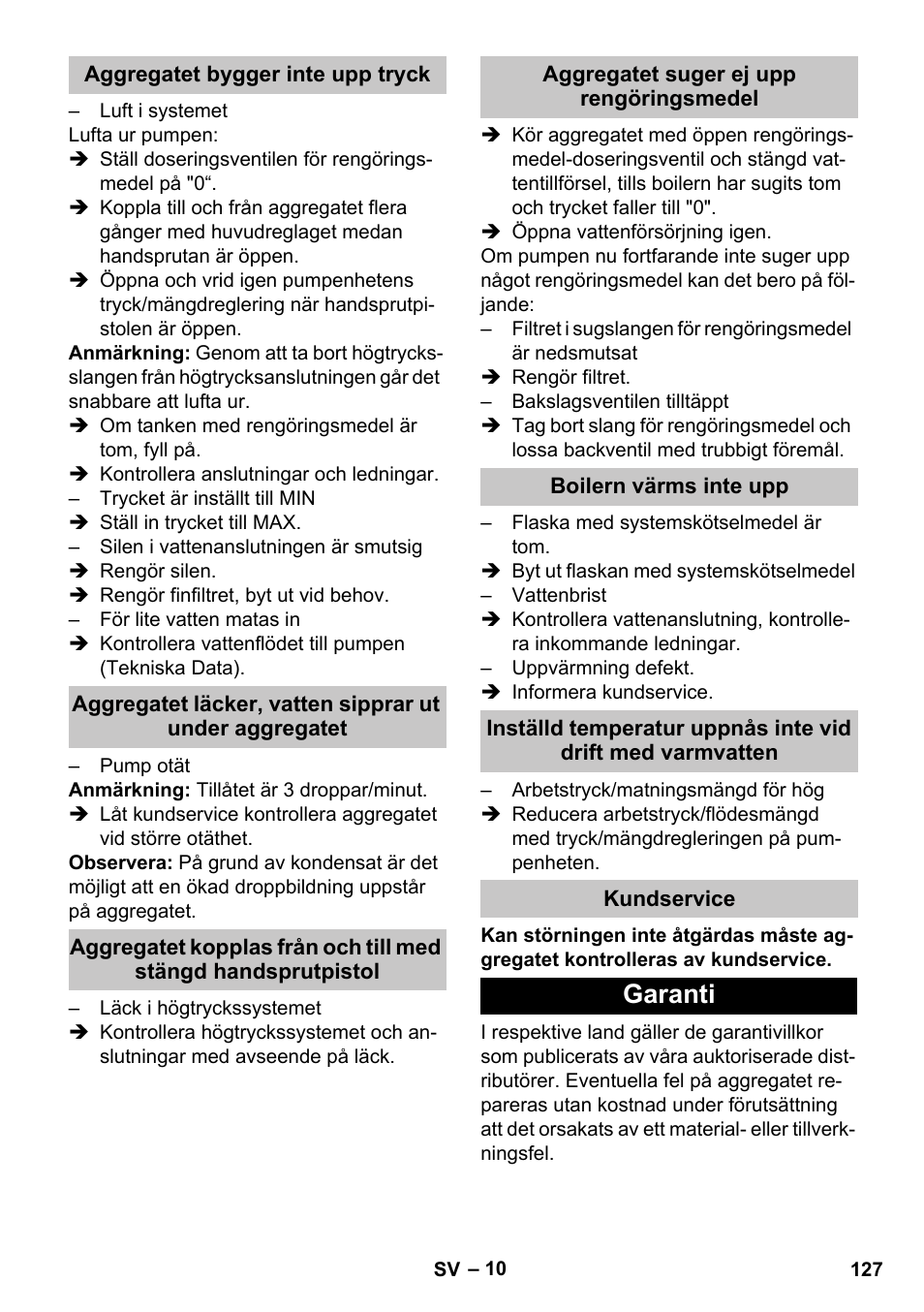 Aggregatet bygger inte upp tryck, Aggregatet suger ej upp rengöringsmedel, Boilern värms inte upp | Kundservice, Garanti | Karcher HDS-E 8-16-4 M 36 KW User Manual | Page 127 / 344