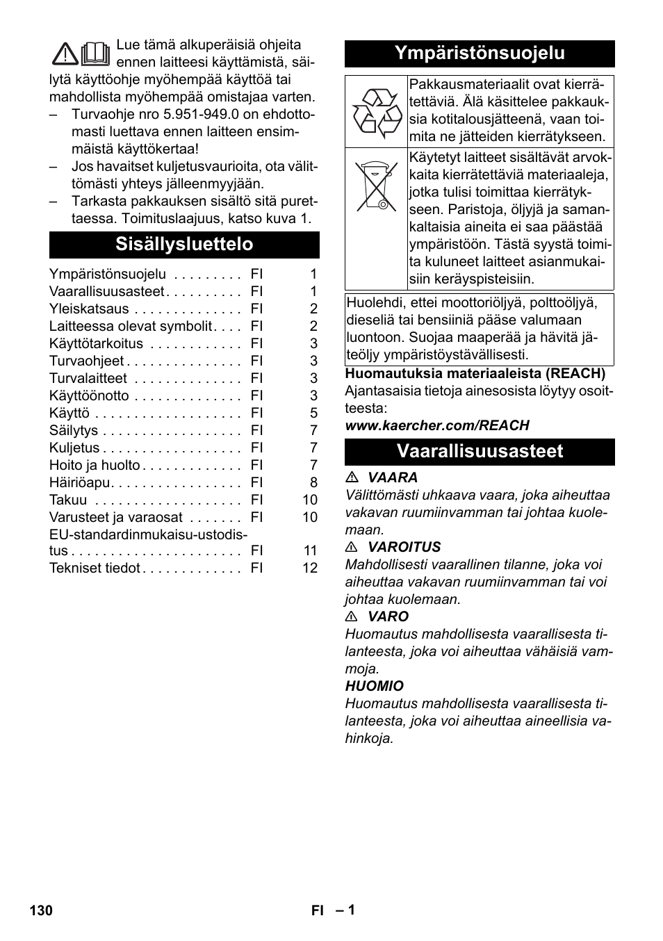 Suomi, Sisällysluettelo, Ympäristönsuojelu | Vaarallisuusasteet | Karcher HDS-E 8-16-4 M 36 KW User Manual | Page 130 / 344