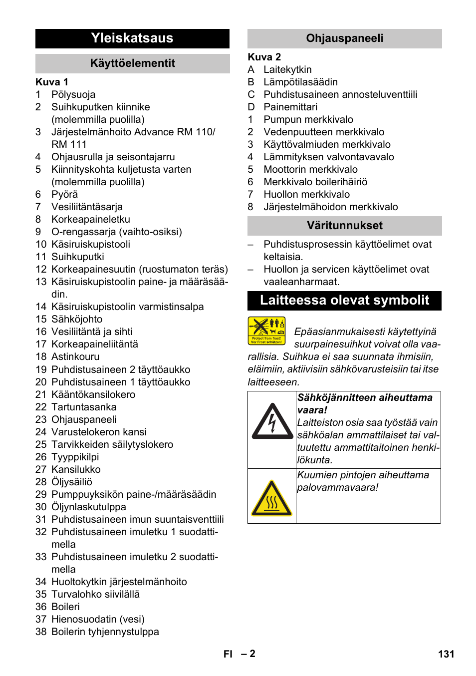 Yleiskatsaus, Käyttöelementit, Ohjauspaneeli | Väritunnukset, Laitteessa olevat symbolit | Karcher HDS-E 8-16-4 M 36 KW User Manual | Page 131 / 344