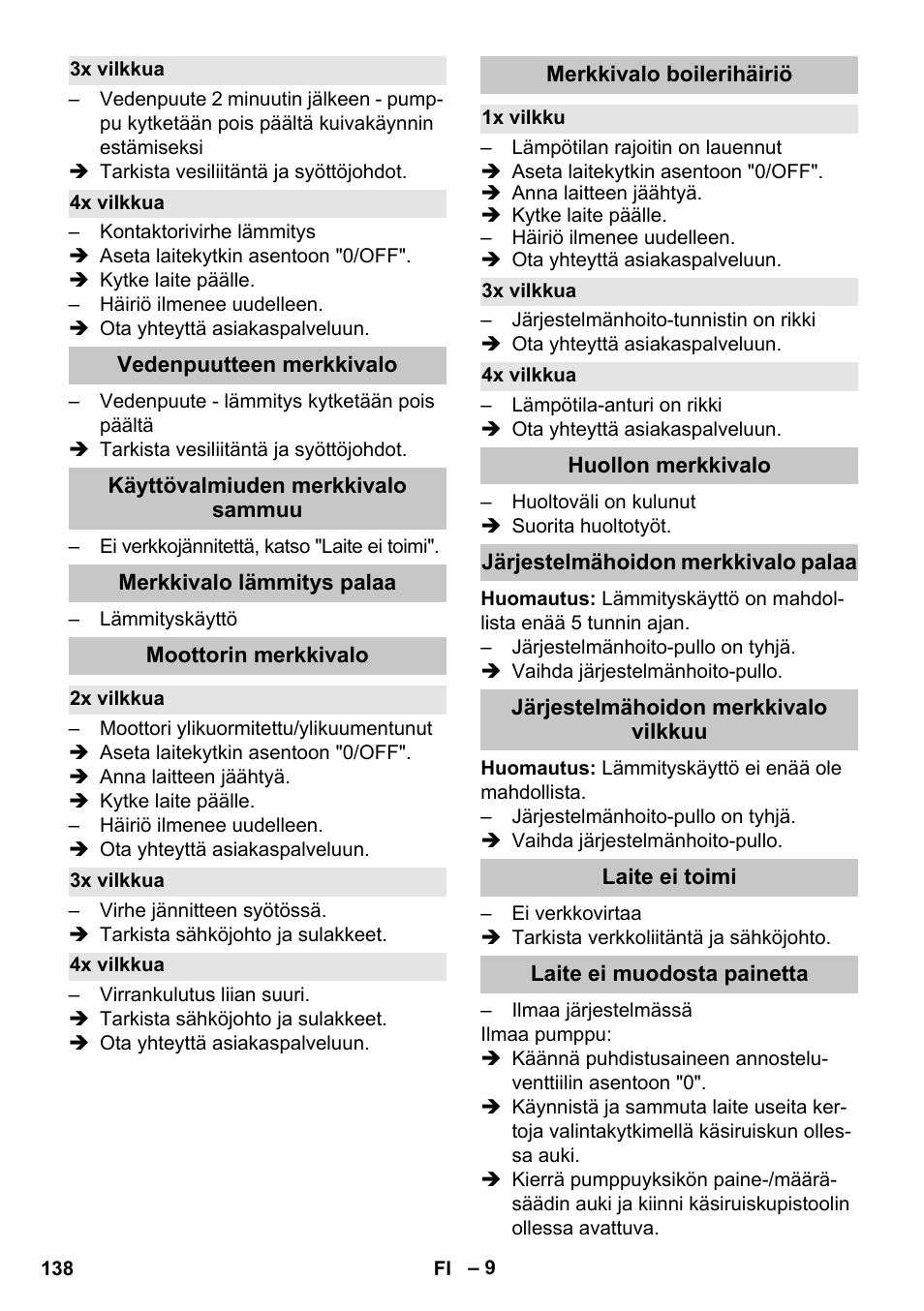 3x vilkkua, 4x vilkkua, Vedenpuutteen merkkivalo | Käyttövalmiuden merkkivalo sammuu, Merkkivalo lämmitys palaa, Moottorin merkkivalo, 2x vilkkua, Merkkivalo boilerihäiriö, 1x vilkku, Huollon merkkivalo | Karcher HDS-E 8-16-4 M 36 KW User Manual | Page 138 / 344