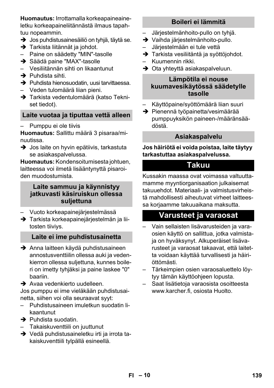 Laite vuotaa ja tiputtaa vettä alleen, Laite ei ime puhdistusainetta, Boileri ei lämmitä | Asiakaspalvelu, Takuu, Varusteet ja varaosat, Takuu varusteet ja varaosat | Karcher HDS-E 8-16-4 M 36 KW User Manual | Page 139 / 344
