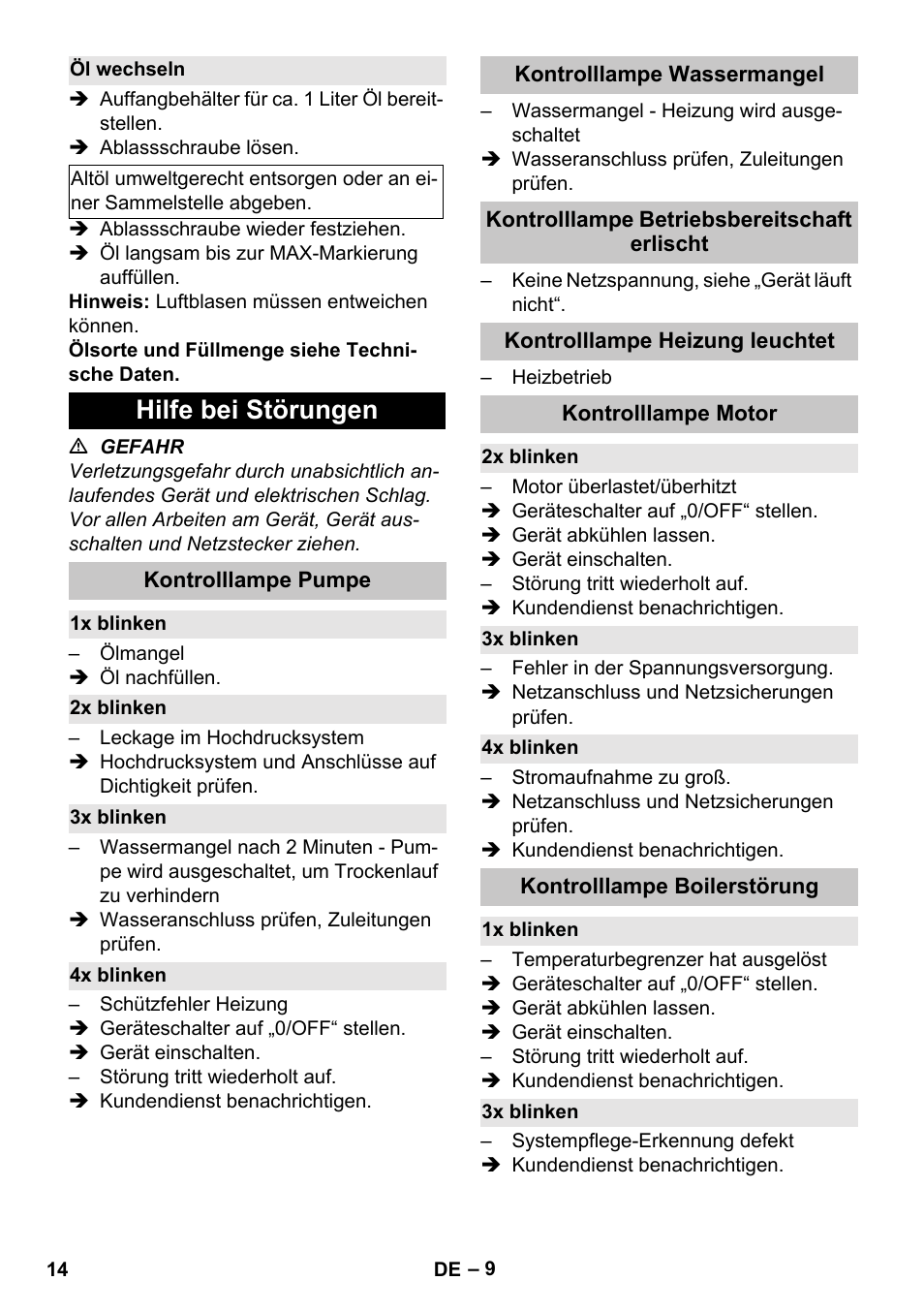 Öl wechseln, Hilfe bei störungen, Kontrolllampe pumpe | 1x blinken, 2x blinken, 3x blinken, 4x blinken, Kontrolllampe wassermangel, Kontrolllampe betriebsbereitschaft erlischt, Kontrolllampe heizung leuchtet | Karcher HDS-E 8-16-4 M 36 KW User Manual | Page 14 / 344