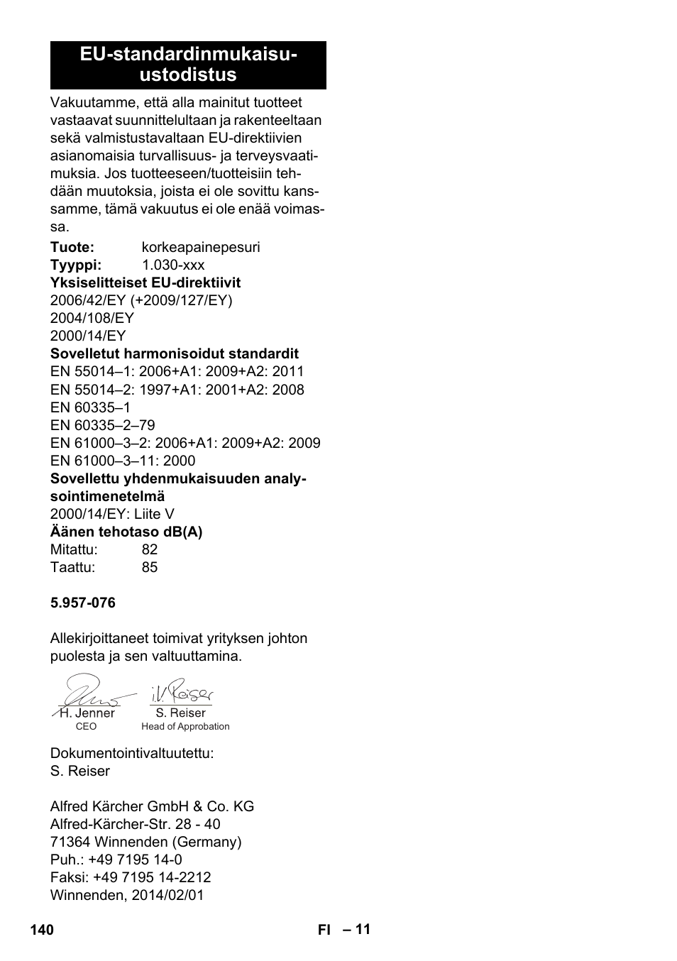 Eu-standardinmukaisu- ustodistus | Karcher HDS-E 8-16-4 M 36 KW User Manual | Page 140 / 344
