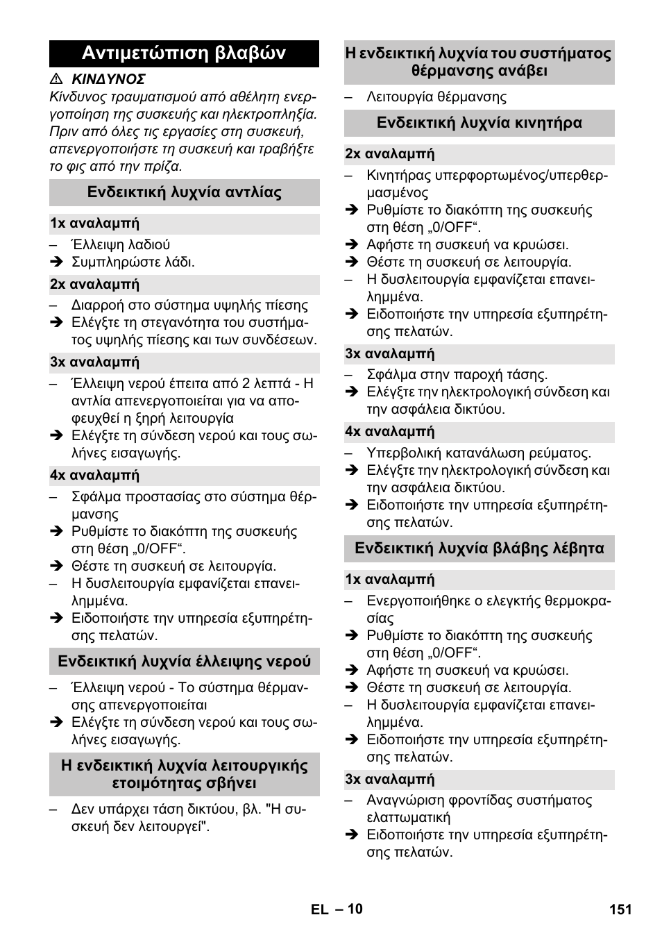 Αντιμετώπιση βλαβών, Ενδεικτική λυχνία αντλίας, 1x αναλαμπή | 2x αναλαμπή, 3x αναλαμπή, 4x αναλαμπή, Ενδεικτική λυχνία έλλειψης νερού, Ενδεικτική λυχνία κινητήρα, Ενδεικτική λυχνία βλάβης λέβητα | Karcher HDS-E 8-16-4 M 36 KW User Manual | Page 151 / 344