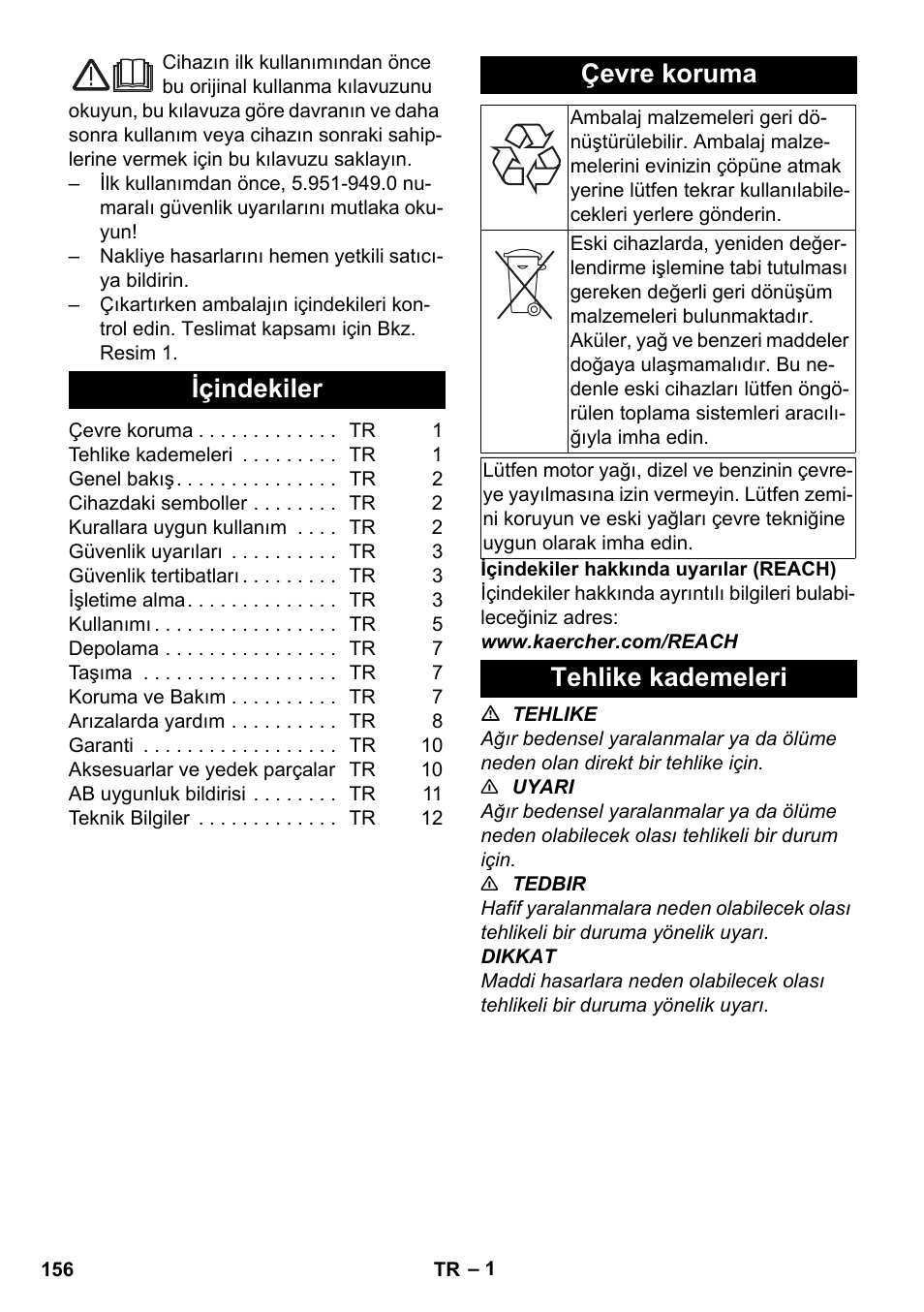 Türkçe, Içindekiler, Çevre koruma | Tehlike kademeleri | Karcher HDS-E 8-16-4 M 36 KW User Manual | Page 156 / 344