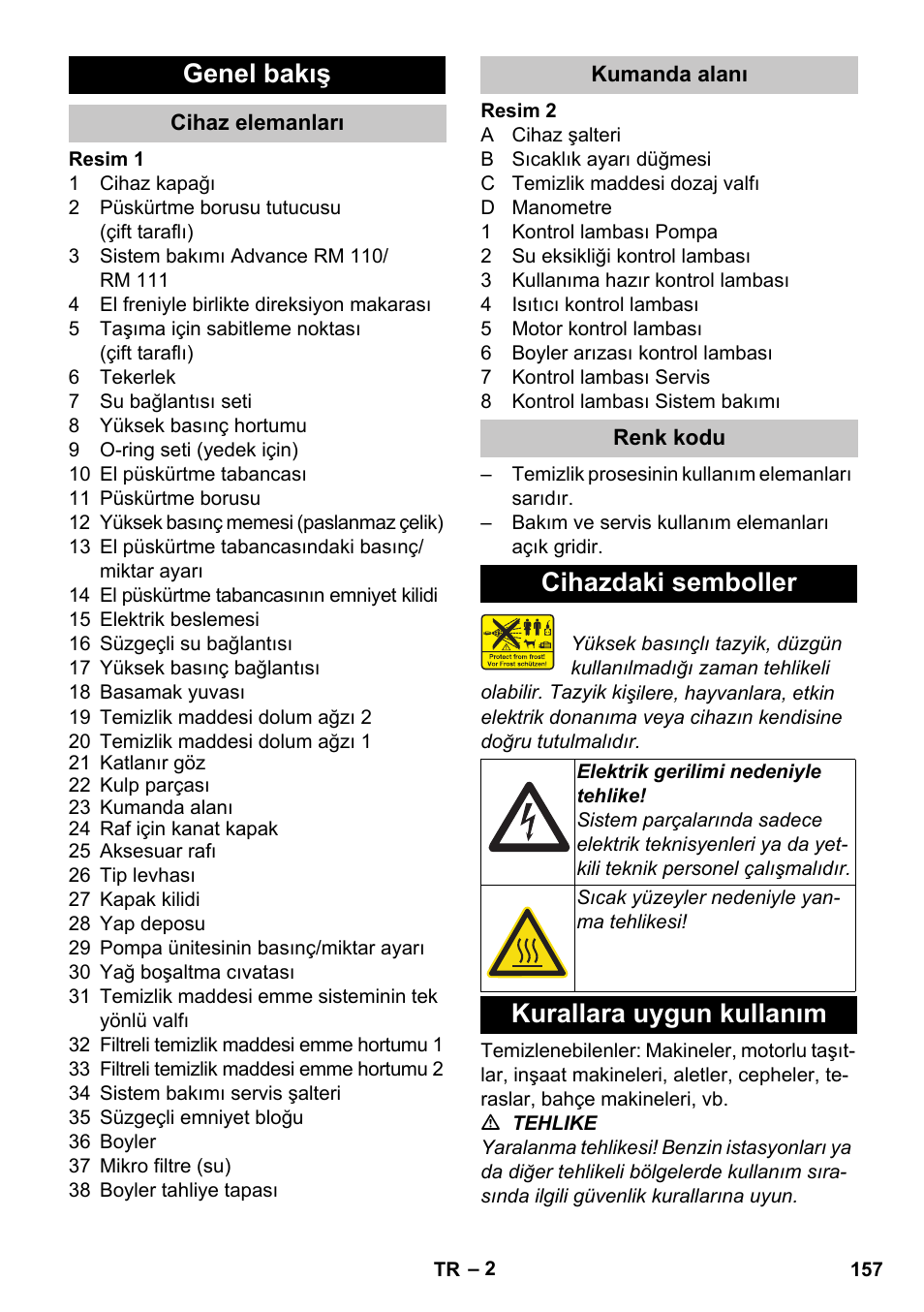 Genel bakış, Cihaz elemanları, Kumanda alanı | Renk kodu, Cihazdaki semboller, Kurallara uygun kullanım | Karcher HDS-E 8-16-4 M 36 KW User Manual | Page 157 / 344