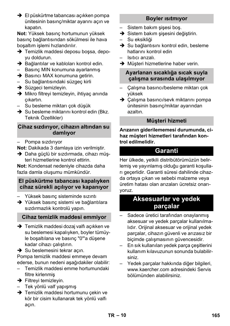 Cihaz sızdırıyor, cihazın altından su damlıyor, Cihaz temizlik maddesi emmiyor, Boyler ısıtmıyor | Müşteri hizmeti, Garanti, Aksesuarlar ve yedek parçalar, Garanti aksesuarlar ve yedek parçalar | Karcher HDS-E 8-16-4 M 36 KW User Manual | Page 165 / 344