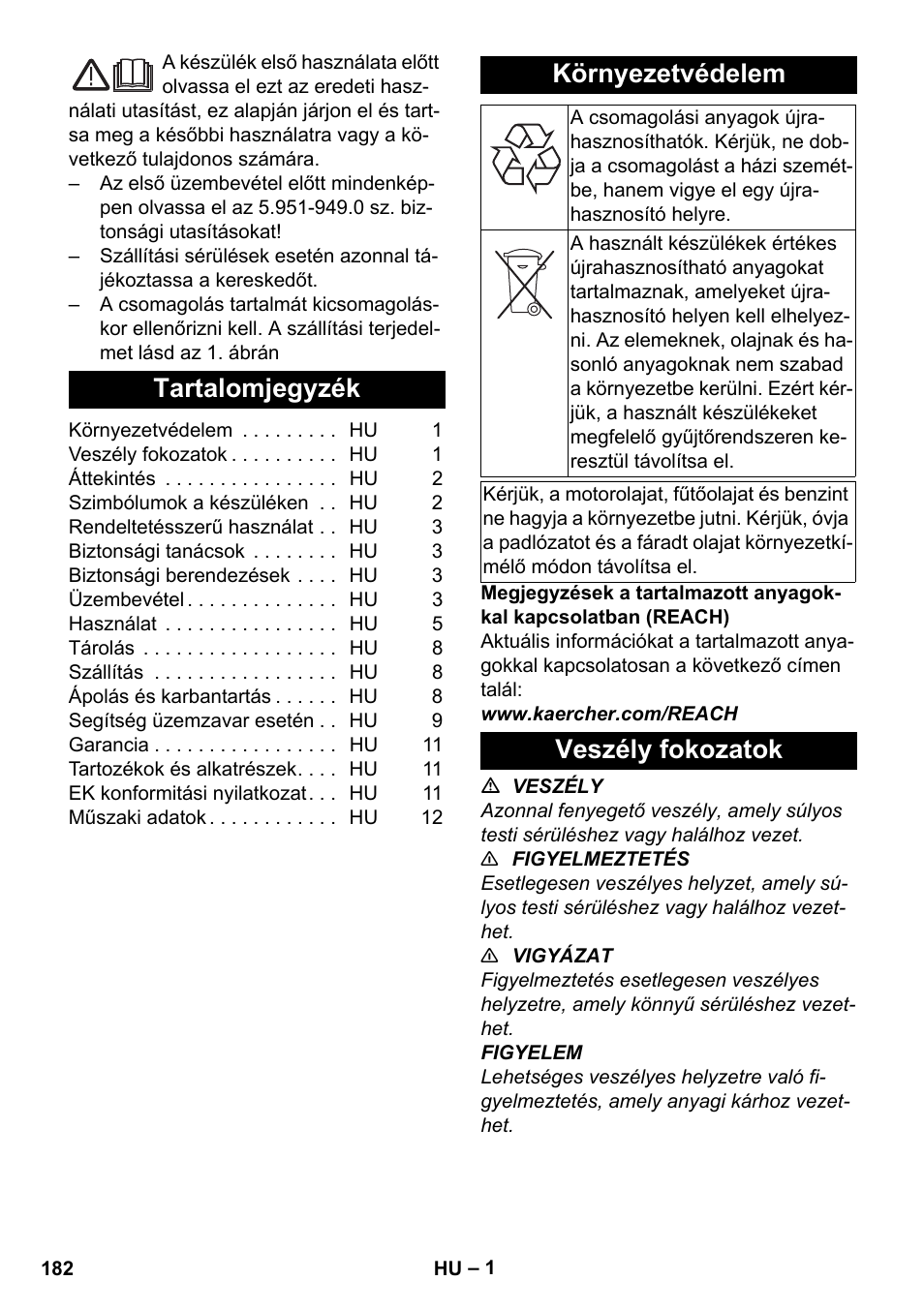 Magyar, Tartalomjegyzék, Környezetvédelem | Veszély fokozatok | Karcher HDS-E 8-16-4 M 36 KW User Manual | Page 182 / 344