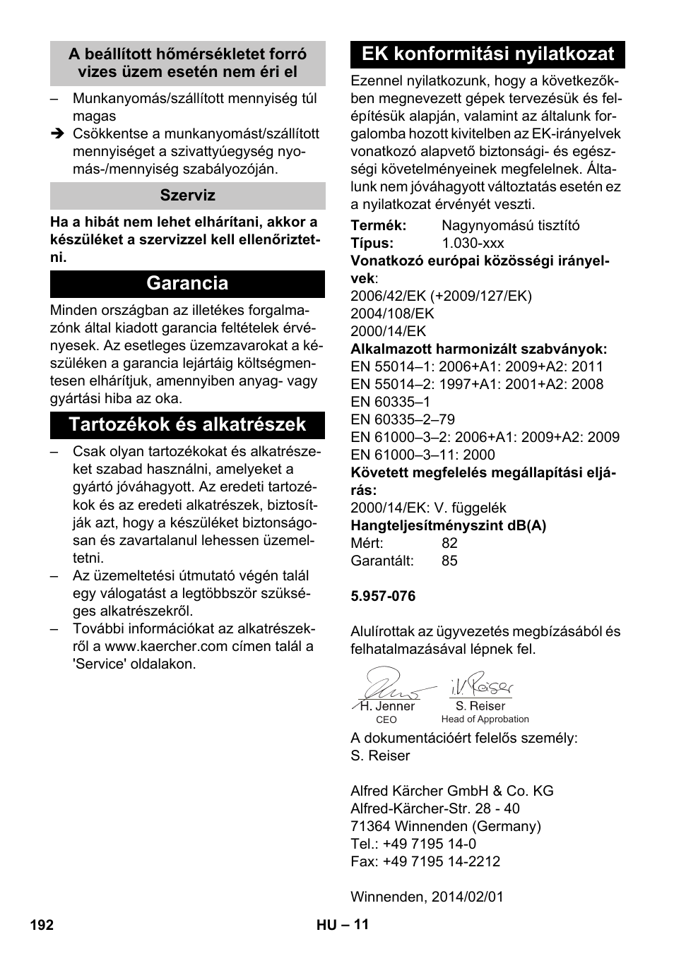 Szerviz, Garancia, Tartozékok és alkatrészek | Ek konformitási nyilatkozat | Karcher HDS-E 8-16-4 M 36 KW User Manual | Page 192 / 344