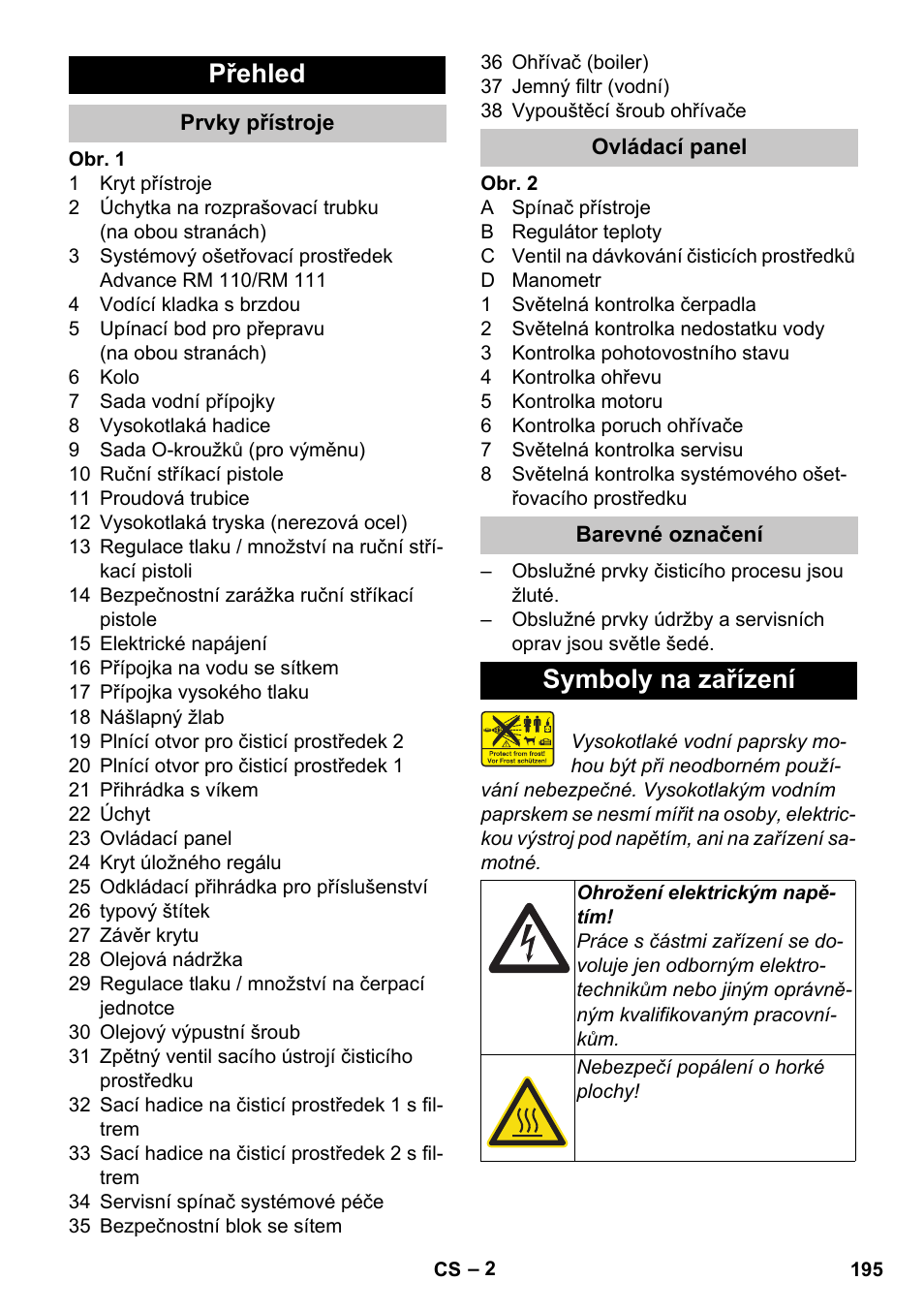 Přehled, Prvky přístroje, Ovládací panel | Barevné označení, Symboly na zařízení | Karcher HDS-E 8-16-4 M 36 KW User Manual | Page 195 / 344