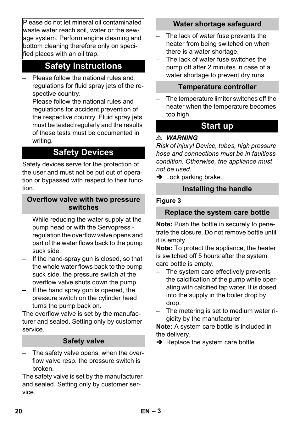 Safety instructions, Safety devices, Overflow valve with two pressure switches | Safety valve, Water shortage safeguard, Temperature controller, Start up, Installing the handle, Replace the system care bottle, Safety instructions safety devices | Karcher HDS-E 8-16-4 M 36 KW User Manual | Page 20 / 344