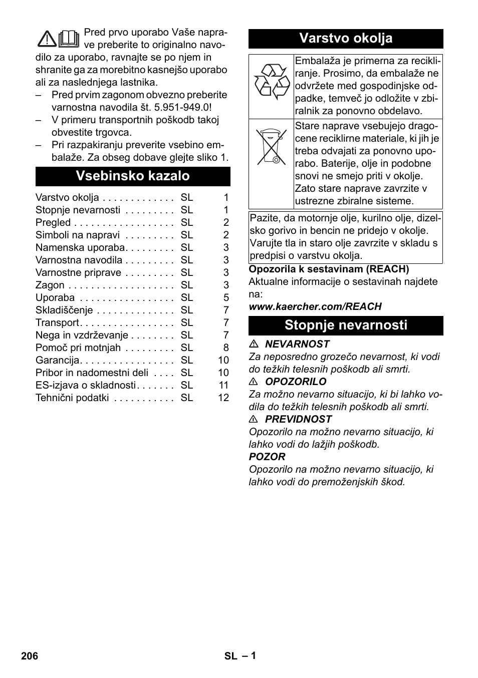 Slovenščina, Vsebinsko kazalo, Varstvo okolja | Stopnje nevarnosti | Karcher HDS-E 8-16-4 M 36 KW User Manual | Page 206 / 344