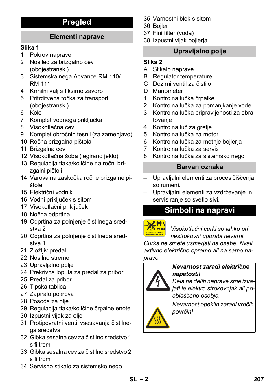 Pregled, Elementi naprave, Upravljalno polje | Barvan oznaka, Simboli na napravi | Karcher HDS-E 8-16-4 M 36 KW User Manual | Page 207 / 344