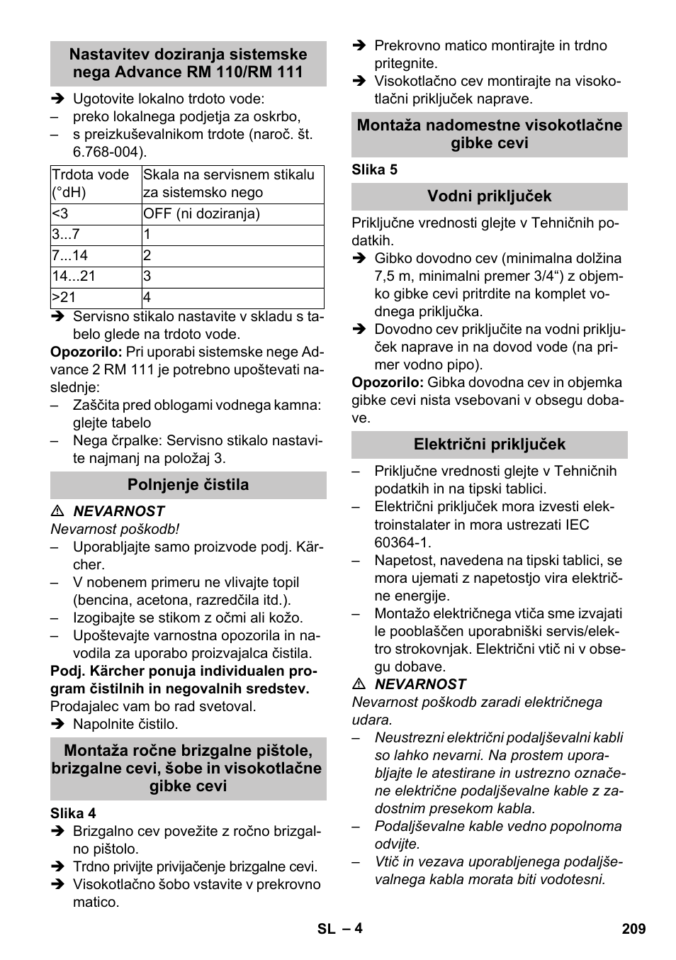 Polnjenje čistila, Montaža nadomestne visokotlačne gibke cevi, Vodni priključek | Električni priključek | Karcher HDS-E 8-16-4 M 36 KW User Manual | Page 209 / 344