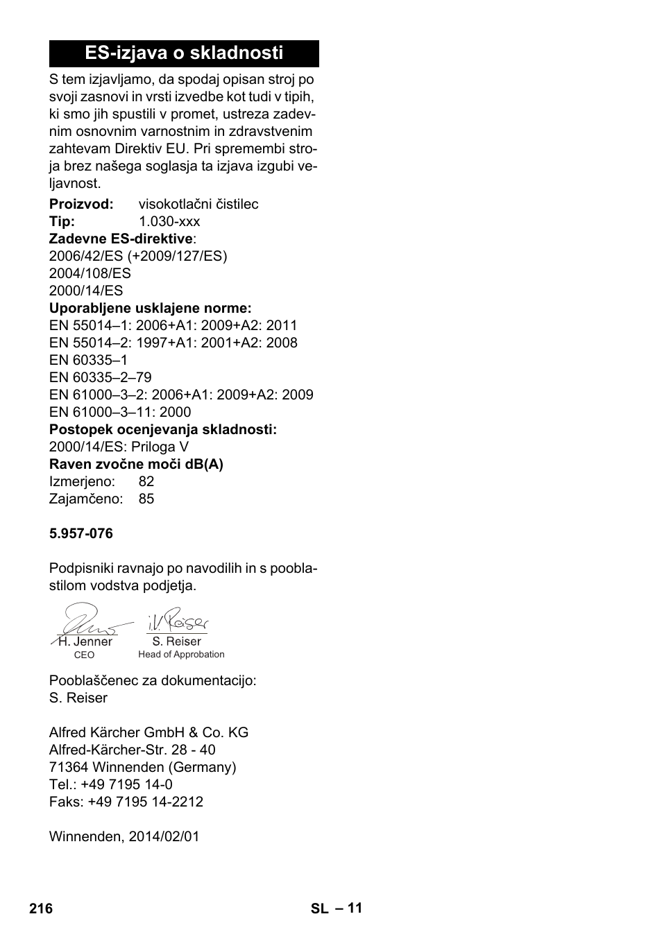 Es-izjava o skladnosti | Karcher HDS-E 8-16-4 M 36 KW User Manual | Page 216 / 344