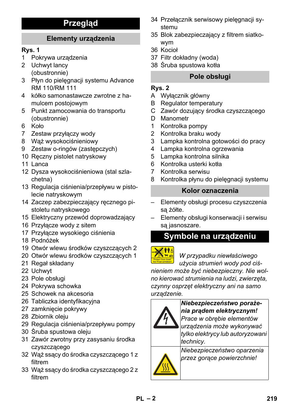 Przegląd, Elementy urządzenia, Pole obsługi | Kolor oznaczenia, Symbole na urządzeniu | Karcher HDS-E 8-16-4 M 36 KW User Manual | Page 219 / 344