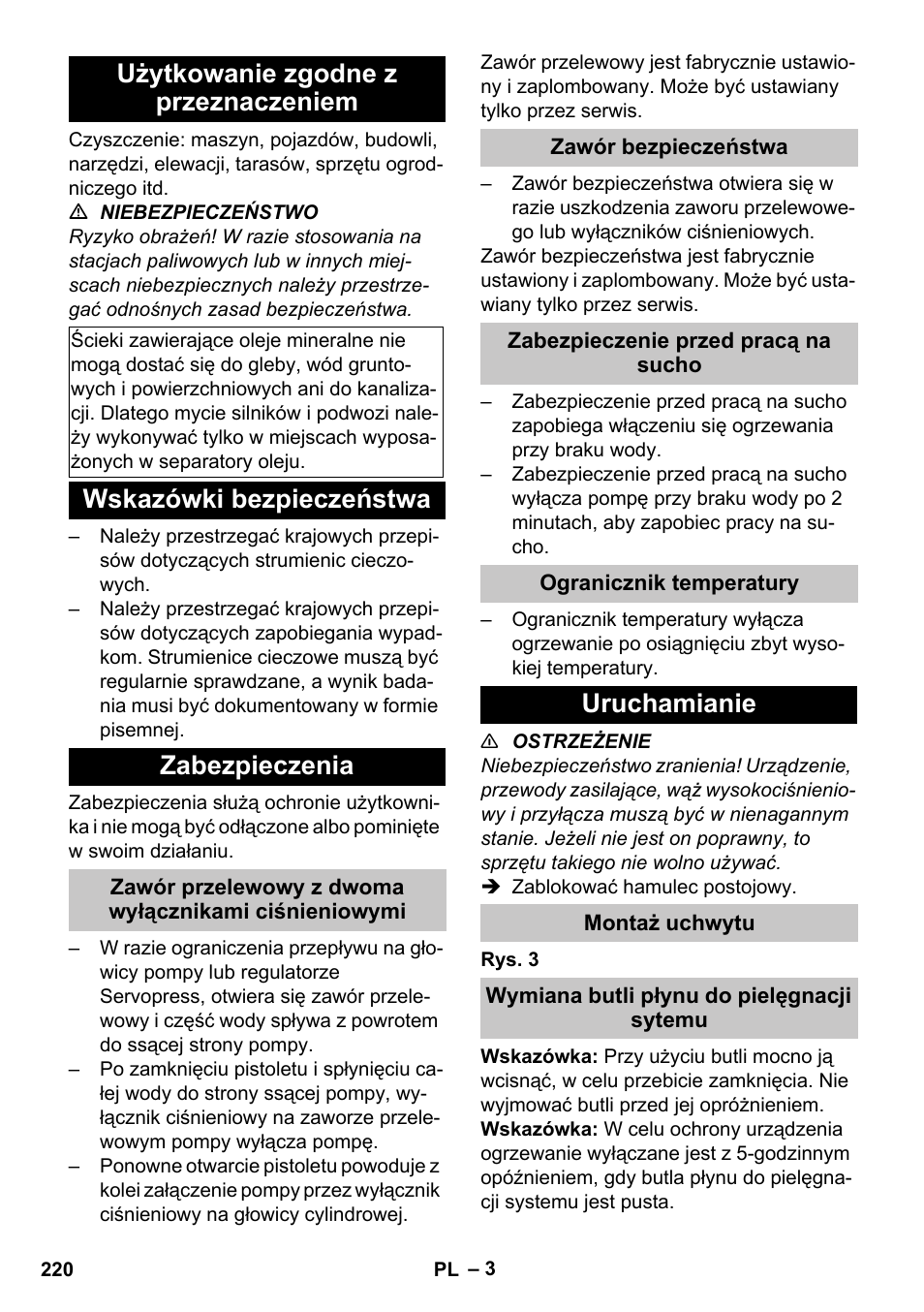Użytkowanie zgodne z przeznaczeniem, Wskazówki bezpieczeństwa, Zabezpieczenia | Zawór bezpieczeństwa, Zabezpieczenie przed pracą na sucho, Ogranicznik temperatury, Uruchamianie, Montaż uchwytu, Wymiana butli płynu do pielęgnacji sytemu, Wskazówki bezpieczeństwa zabezpieczenia | Karcher HDS-E 8-16-4 M 36 KW User Manual | Page 220 / 344