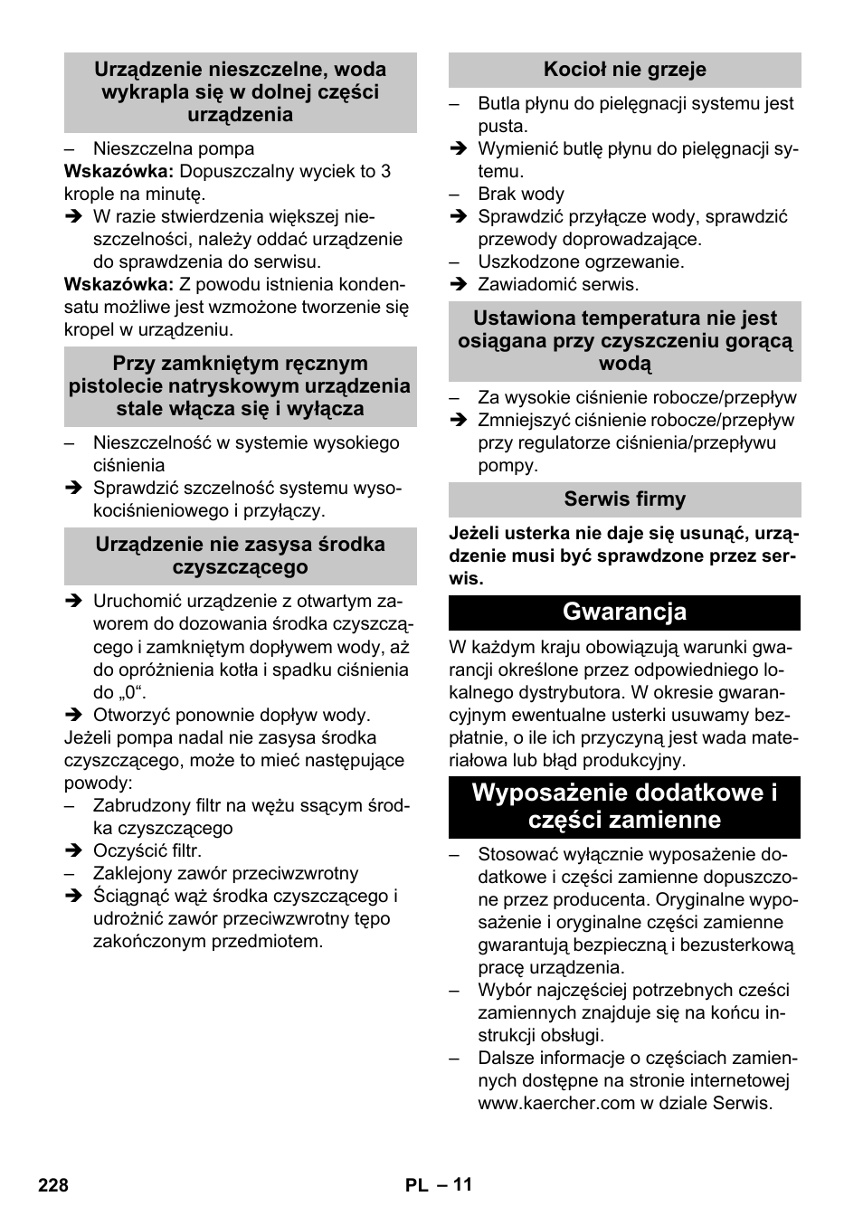 Urządzenie nie zasysa środka czyszczącego, Kocioł nie grzeje, Serwis firmy | Gwarancja, Wyposażenie dodatkowe i części zamienne, Gwarancja wyposażenie dodatkowe i części zamienne | Karcher HDS-E 8-16-4 M 36 KW User Manual | Page 228 / 344