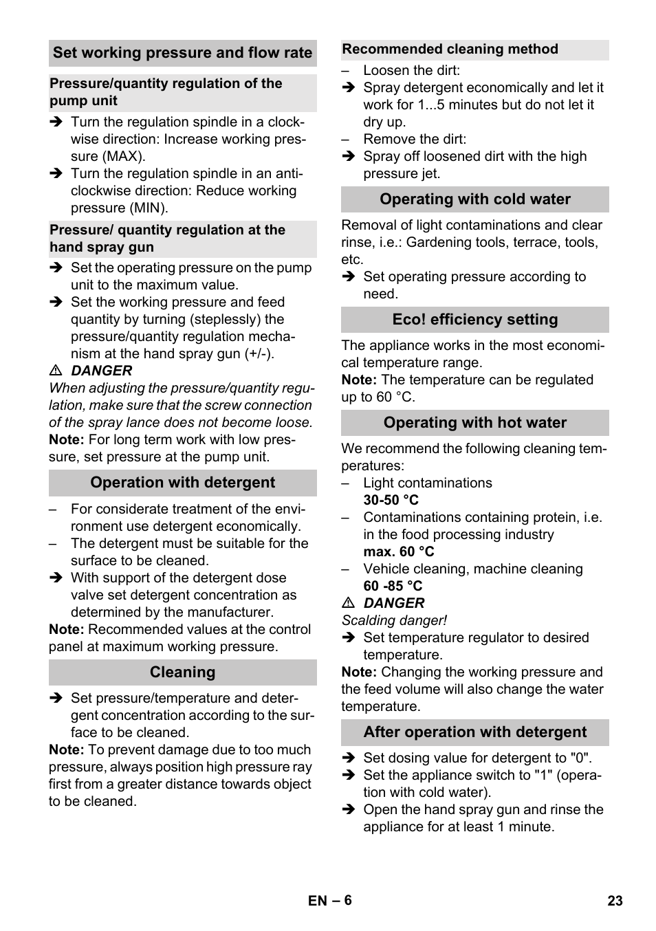Set working pressure and flow rate, Pressure/quantity regulation of the pump unit, Operation with detergent | Cleaning, Recommended cleaning method, Operating with cold water, Eco! efficiency setting, Operating with hot water, After operation with detergent | Karcher HDS-E 8-16-4 M 36 KW User Manual | Page 23 / 344