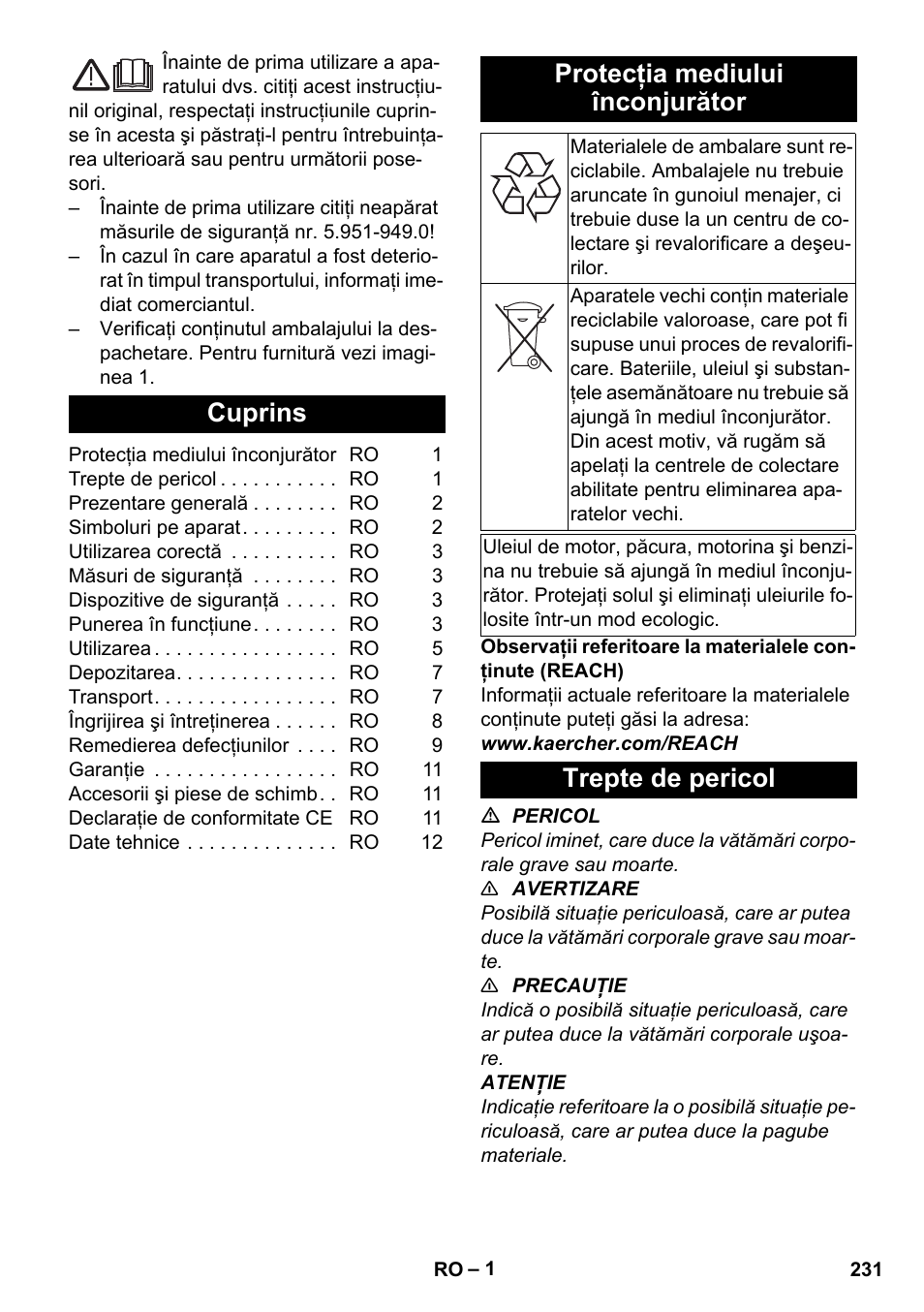 Româneşte, Cuprins, Protecţia mediului înconjurător | Trepte de pericol | Karcher HDS-E 8-16-4 M 36 KW User Manual | Page 231 / 344