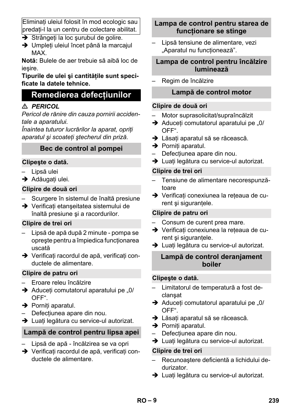 Remedierea defecţiunilor, Bec de control al pompei, Clipeşte o dată | Clipire de două ori, Clipire de trei ori, Clipire de patru ori, Lampă de control pentru lipsa apei, Lampa de control pentru încălzire luminează, Lampă de control motor, Lampă de control deranjament boiler | Karcher HDS-E 8-16-4 M 36 KW User Manual | Page 239 / 344