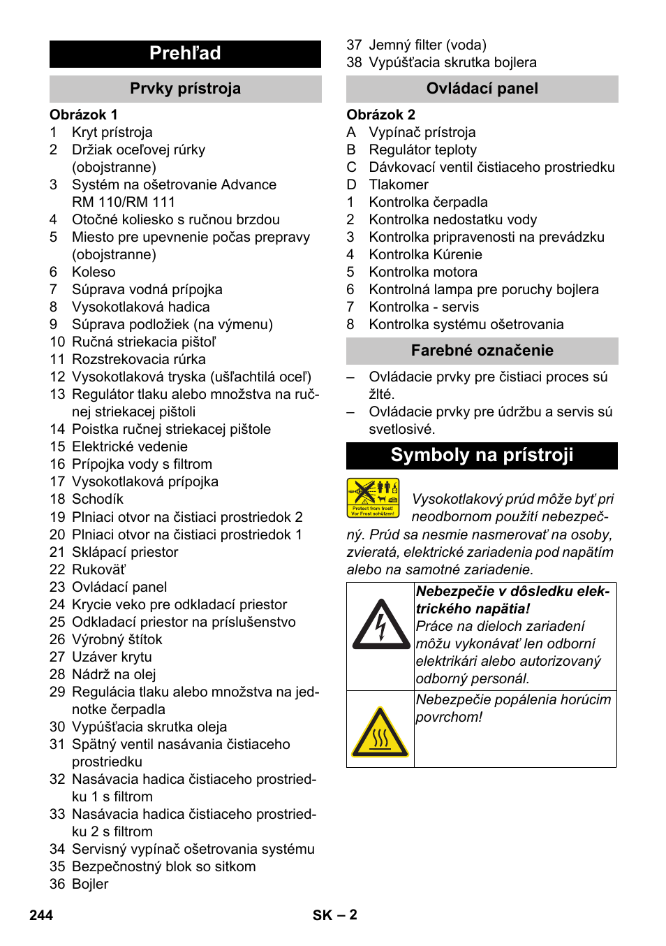 Prehľad, Prvky prístroja, Ovládací panel | Farebné označenie, Symboly na prístroji | Karcher HDS-E 8-16-4 M 36 KW User Manual | Page 244 / 344