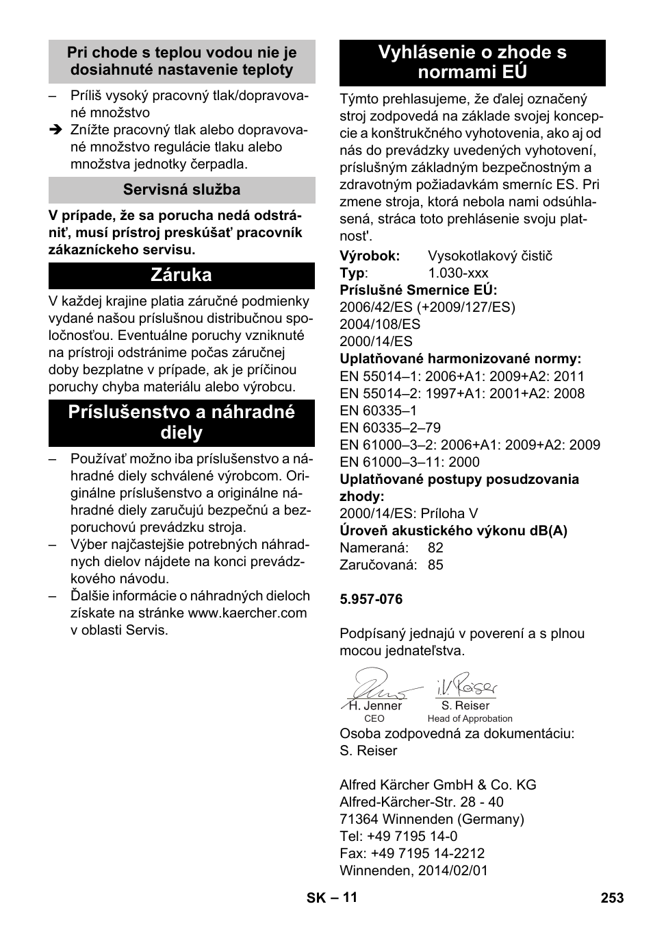 Servisná služba, Záruka, Príslušenstvo a náhradné diely | Vyhlásenie o zhode s normami eú | Karcher HDS-E 8-16-4 M 36 KW User Manual | Page 253 / 344