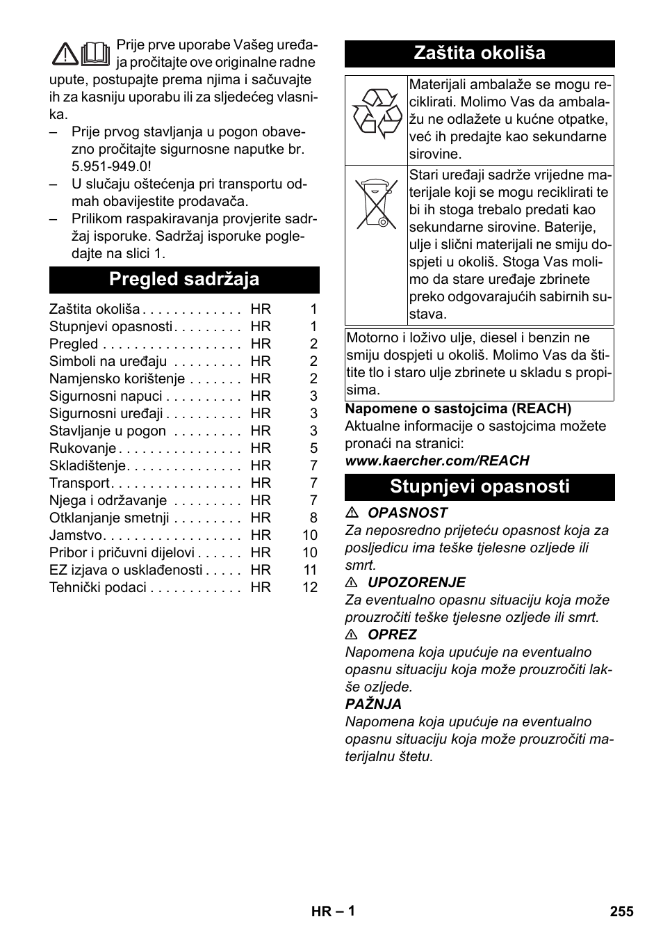 Hrvatski, Pregled sadržaja, Zaštita okoliša | Stupnjevi opasnosti | Karcher HDS-E 8-16-4 M 36 KW User Manual | Page 255 / 344