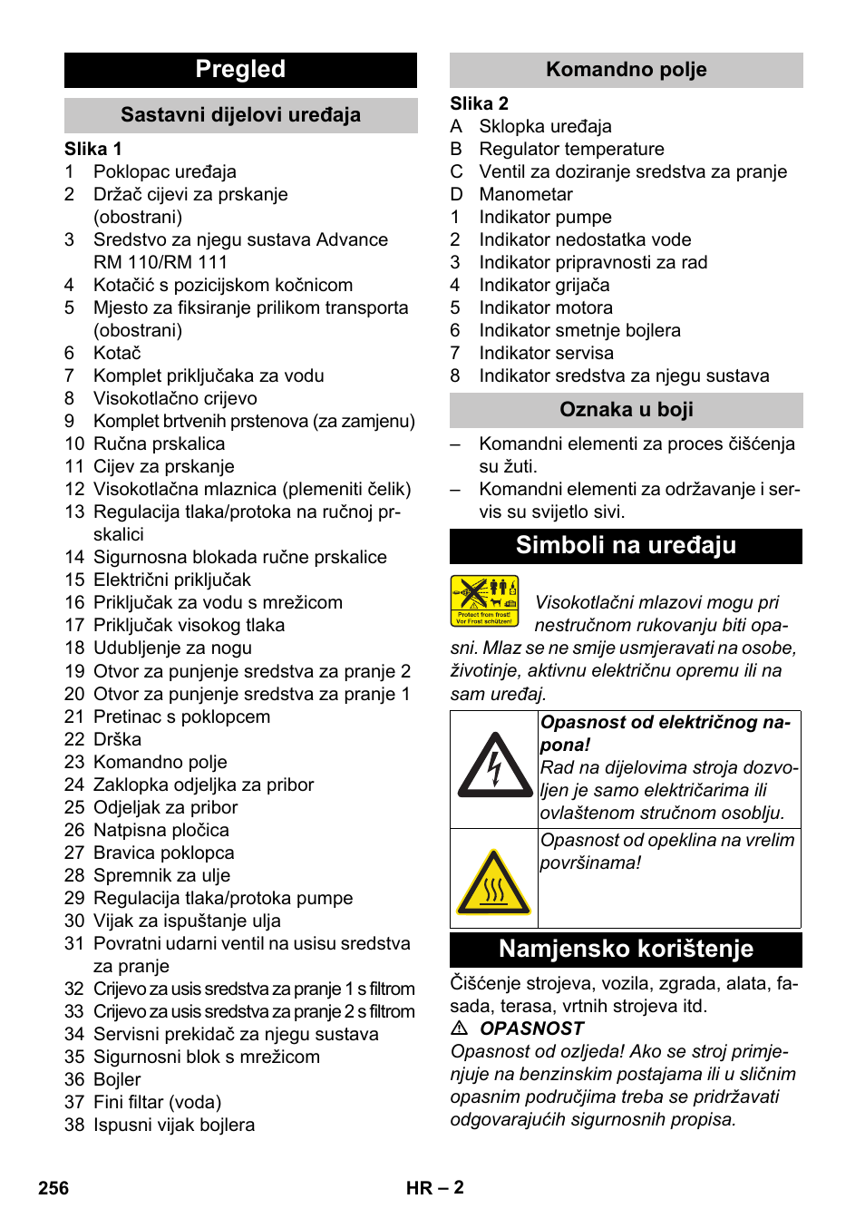 Pregled, Sastavni dijelovi uređaja, Komandno polje | Oznaka u boji, Simboli na uređaju, Namjensko korištenje | Karcher HDS-E 8-16-4 M 36 KW User Manual | Page 256 / 344