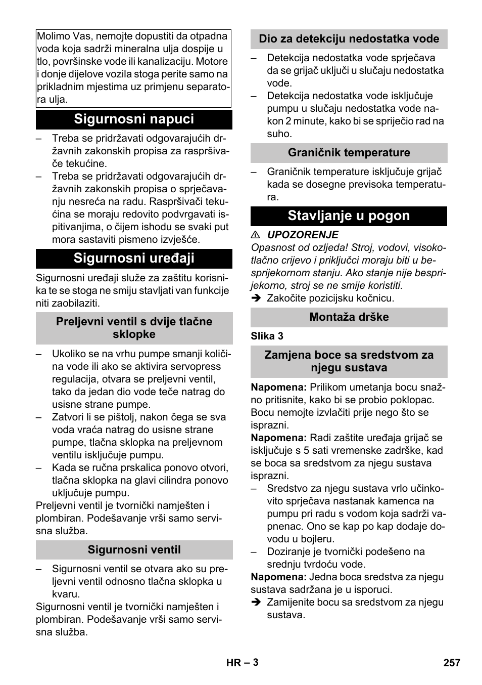 Sigurnosni napuci, Sigurnosni uređaji, Preljevni ventil s dvije tlačne sklopke | Sigurnosni ventil, Dio za detekciju nedostatka vode, Graničnik temperature, Stavljanje u pogon, Montaža drške, Zamjena boce sa sredstvom za njegu sustava, Sigurnosni napuci sigurnosni uređaji | Karcher HDS-E 8-16-4 M 36 KW User Manual | Page 257 / 344