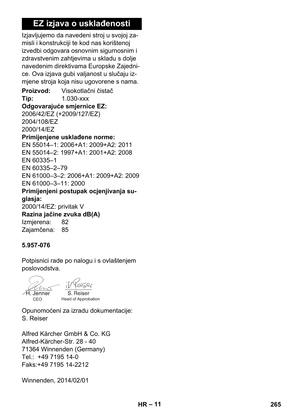 Ez izjava o usklađenosti | Karcher HDS-E 8-16-4 M 36 KW User Manual | Page 265 / 344