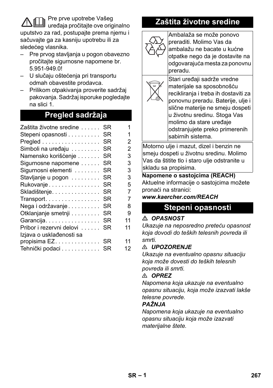 Srpski, Pregled sadržaja, Zaštita životne sredine | Stepeni opasnosti | Karcher HDS-E 8-16-4 M 36 KW User Manual | Page 267 / 344
