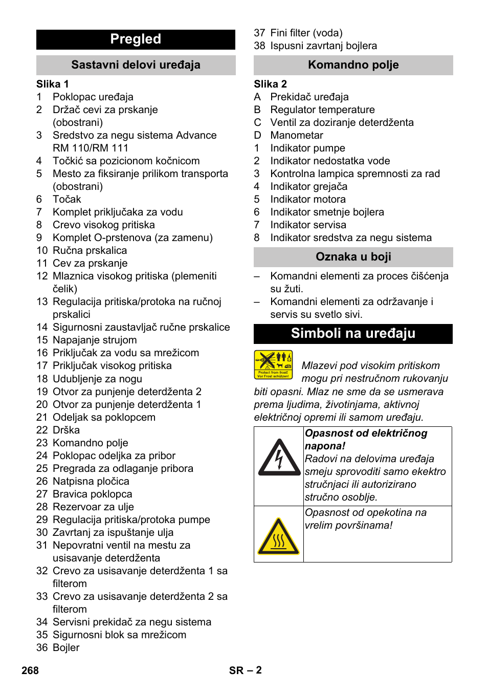 Pregled, Sastavni delovi uređaja, Komandno polje | Oznaka u boji, Simboli na uređaju | Karcher HDS-E 8-16-4 M 36 KW User Manual | Page 268 / 344