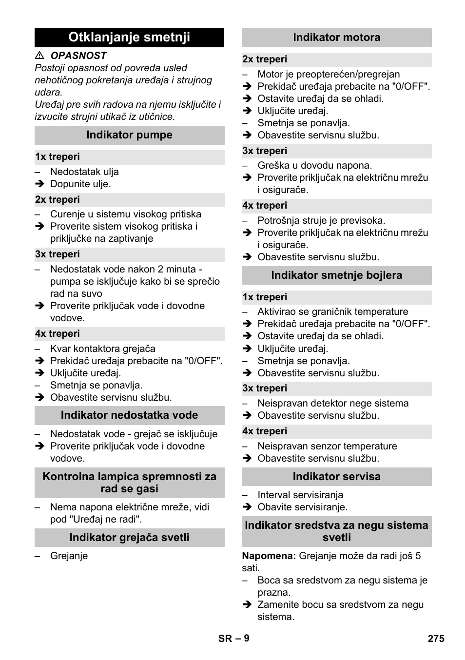 Otklanjanje smetnji, Indikator pumpe, 1x treperi | 2x treperi, 3x treperi, 4x treperi, Indikator nedostatka vode, Kontrolna lampica spremnosti za rad se gasi, Indikator grejača svetli, Indikator motora | Karcher HDS-E 8-16-4 M 36 KW User Manual | Page 275 / 344